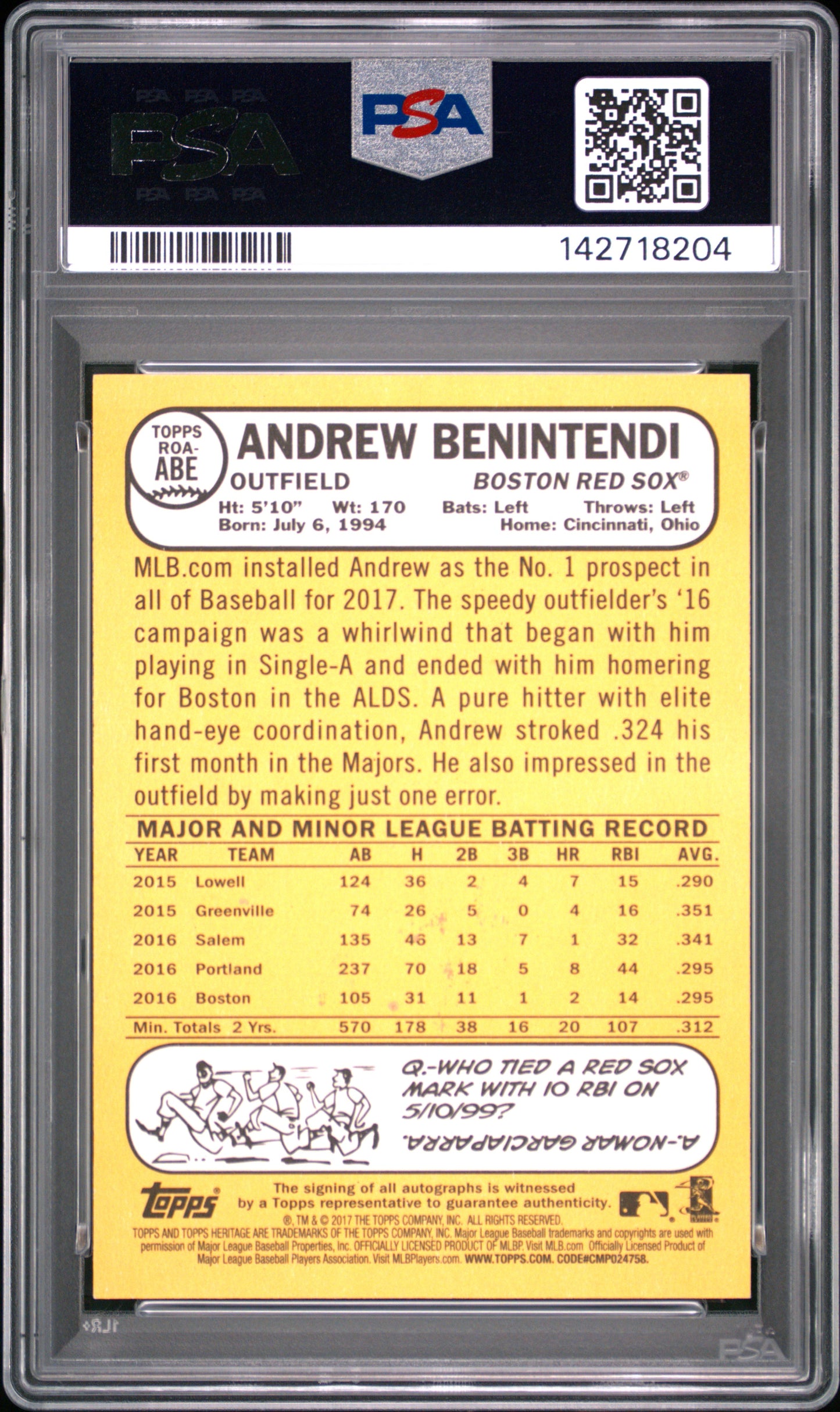 2017 Topps Heritage Real One Autographs Andrew Benintendi #ABE R. O. A. Red Jersey Gold Ink PSA 10