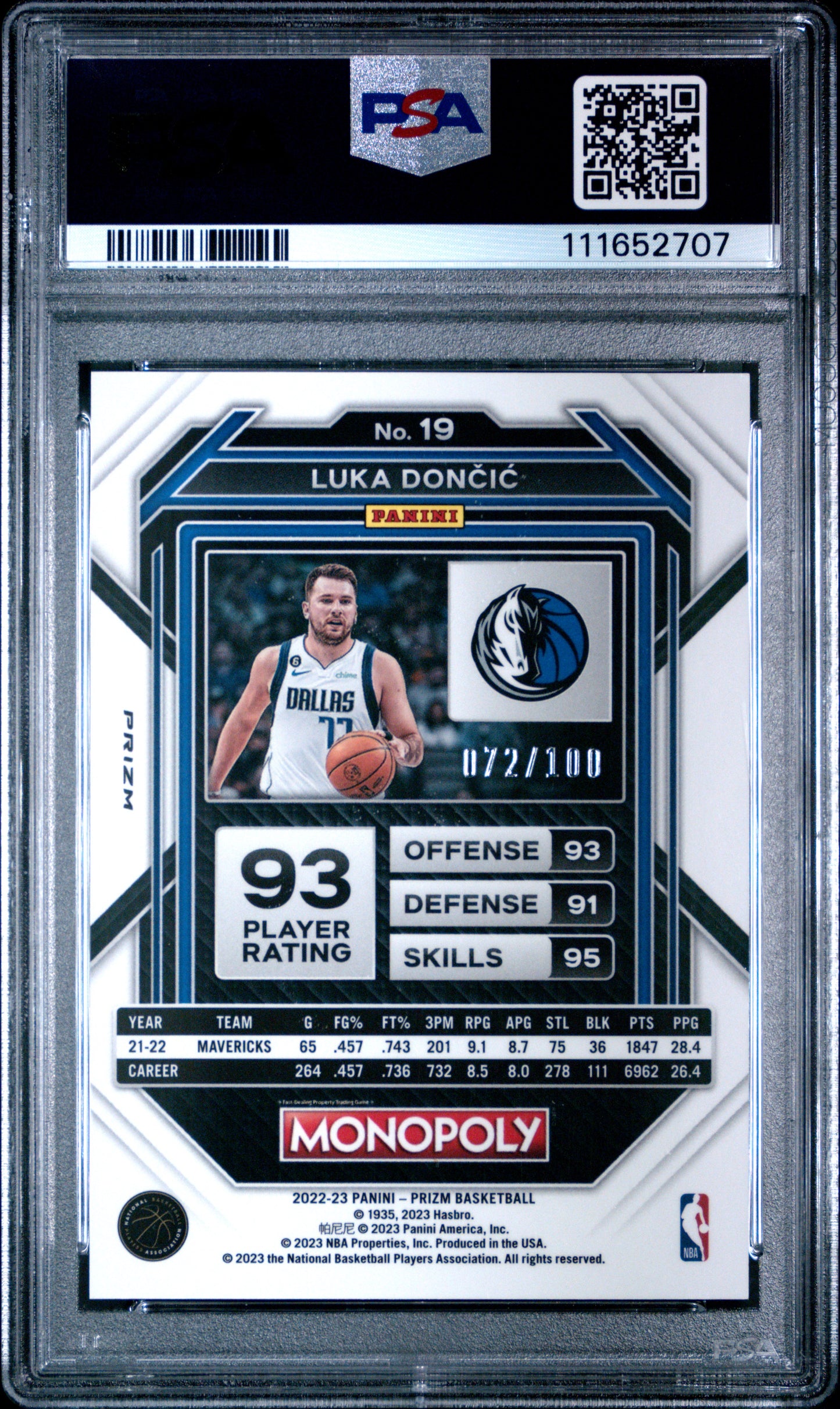 2022 Panini Prizm Monopoly Luka Doncic #19 Red Money Shimmer PSA 10