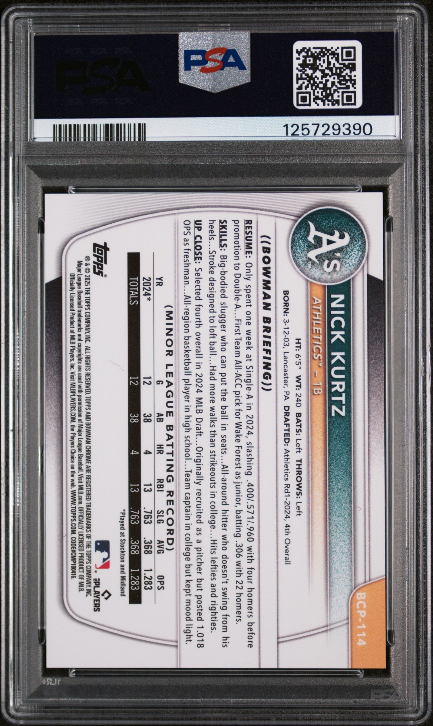 2025 Bowman Chrome Prospects Nick Kurtz #BCP114 Purple Raywave PSA 10