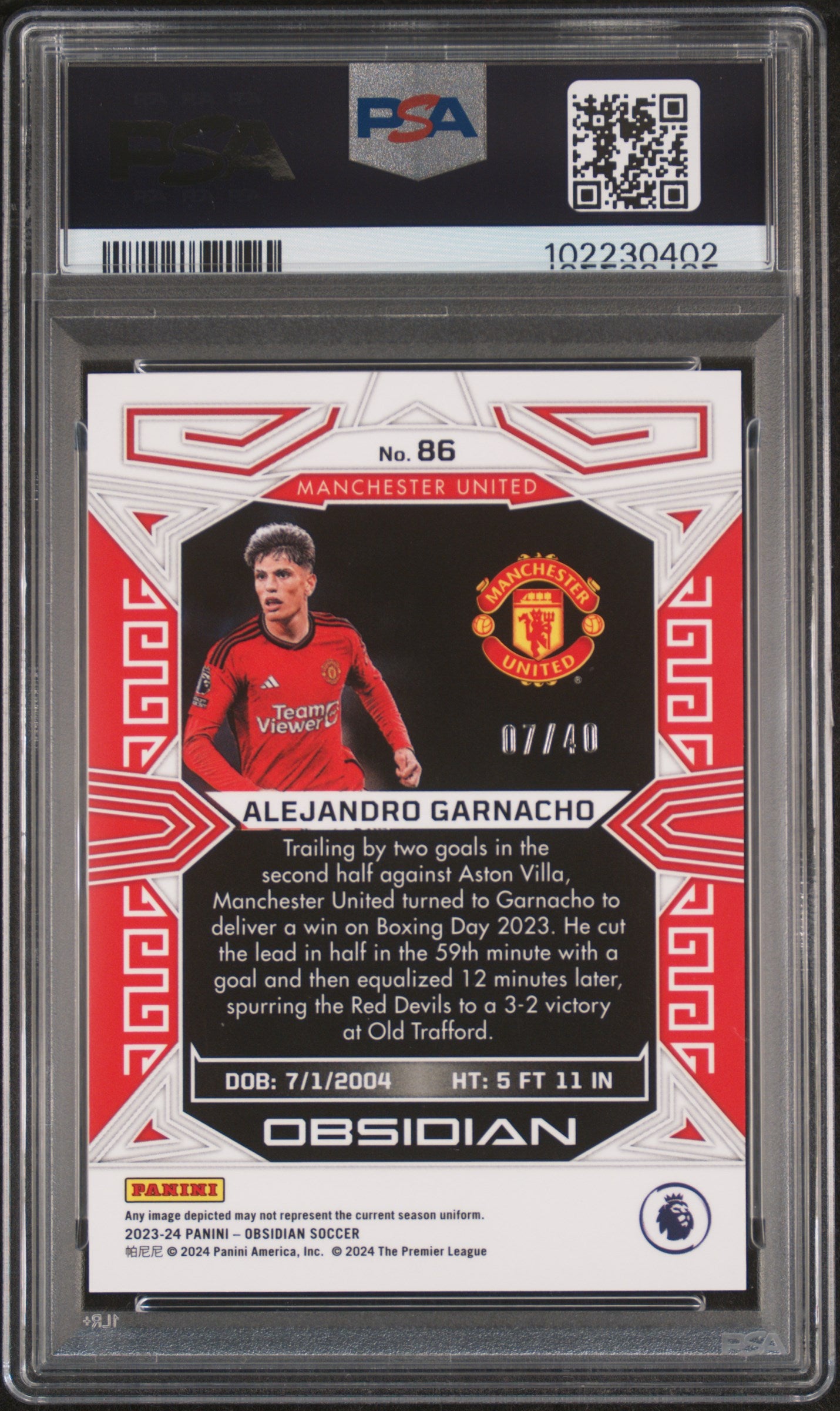 2023 Panini Obsidian Alejandro Garnacho #86 Electric Etch Orange PSA 10