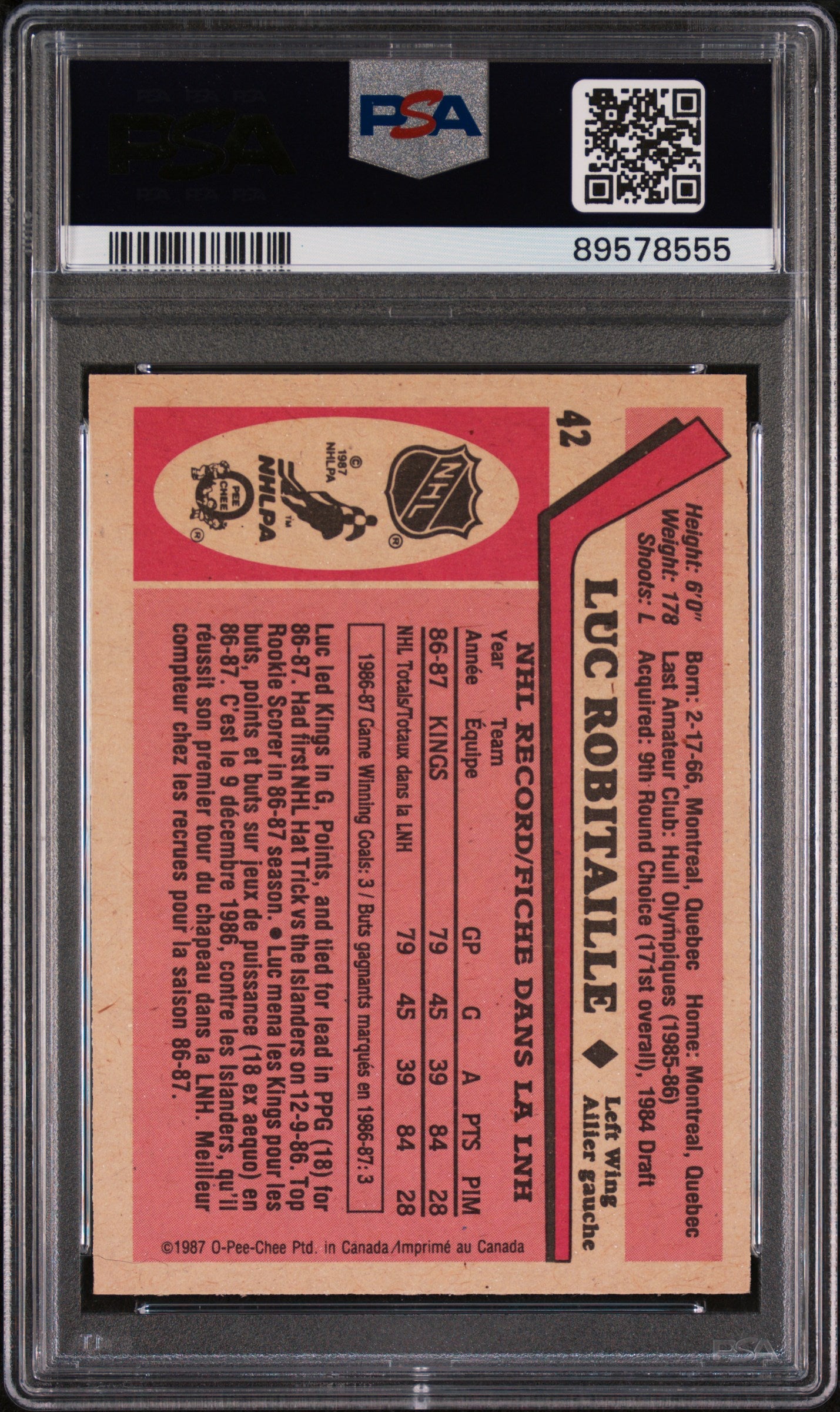 1987 O-Pee-Chee Luc Robitaille #42 PSA 10
