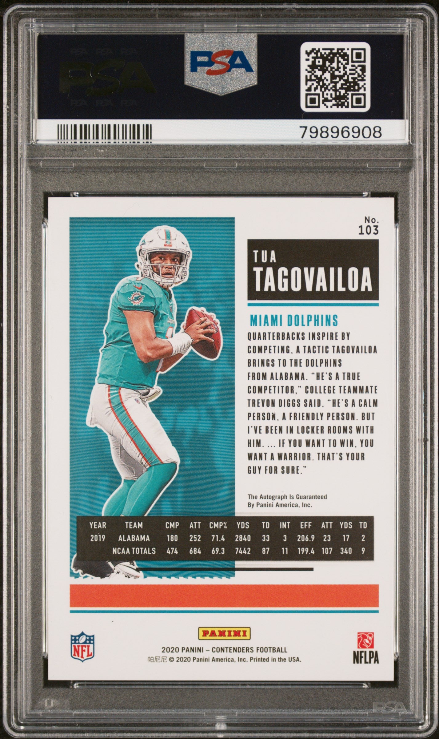 2020 Panini Contenders Tua Tagovailoa #103 Auto Championship Rookie RC PSA 8