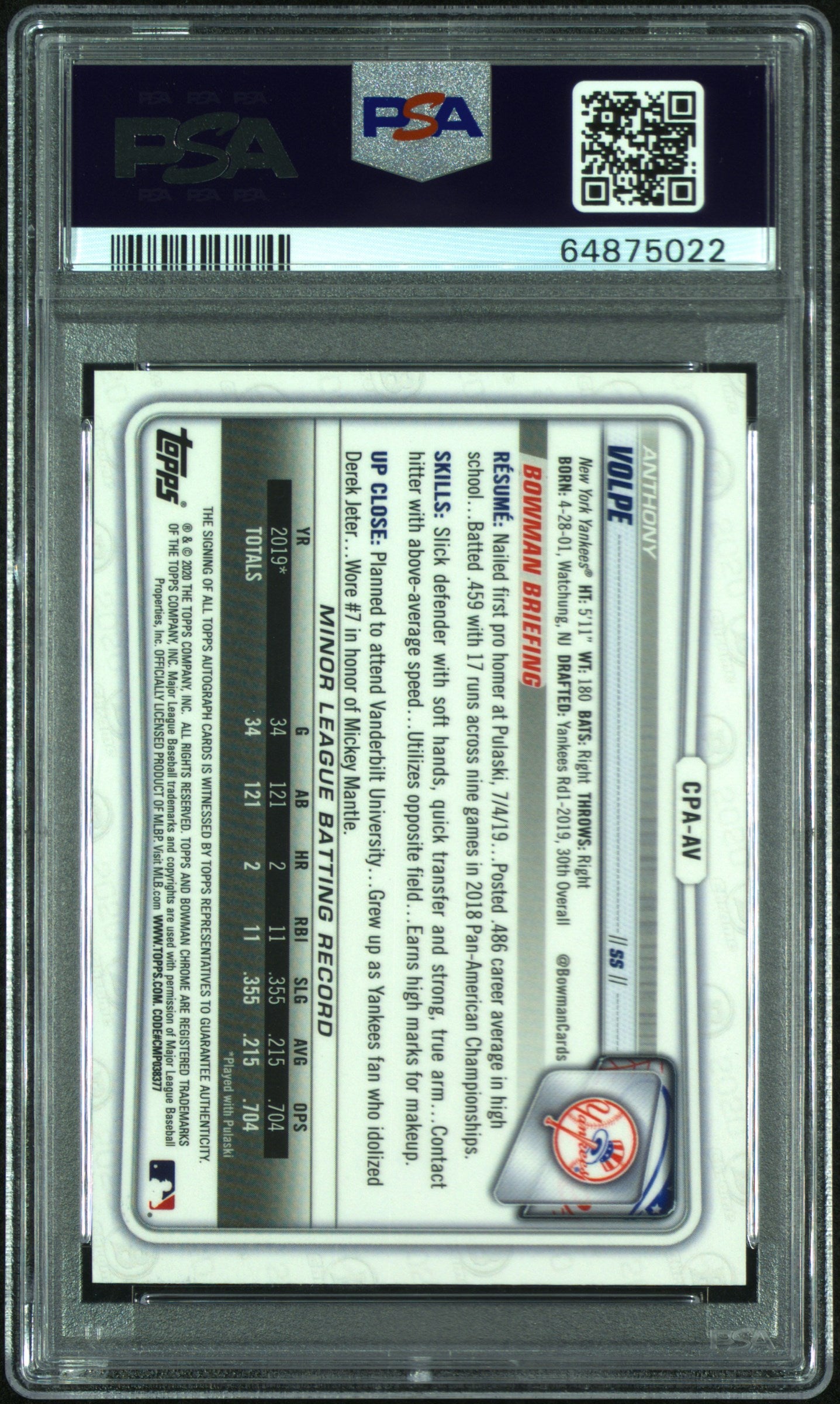 2020 Bowman Chrome Autographs Anthony Volpe #CPAAV Speckle Refractor PSA 10