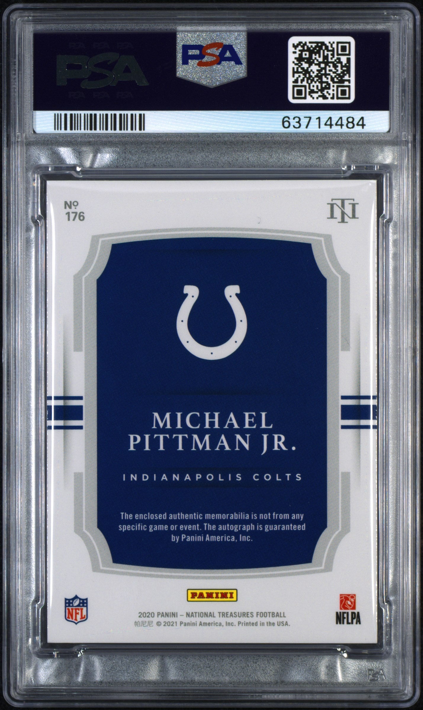 2020 National Treasures Michael Pittman JR. #176 Rookie Patch Auto RPA PSA 9