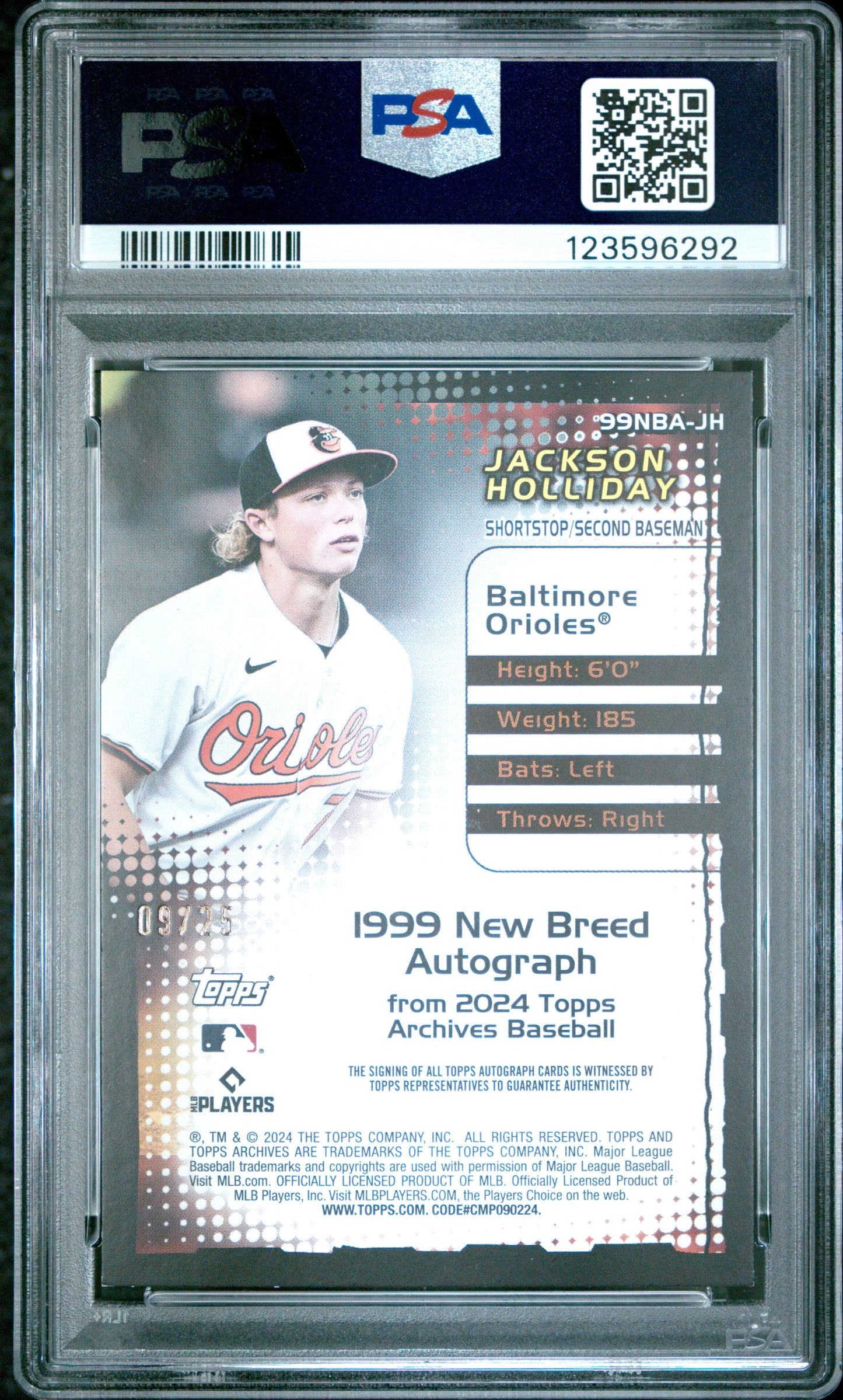 2024 Topps Archives 1999 New Breed Auto Jackson Holliday #99NBAJH Blue /25 PSA 8