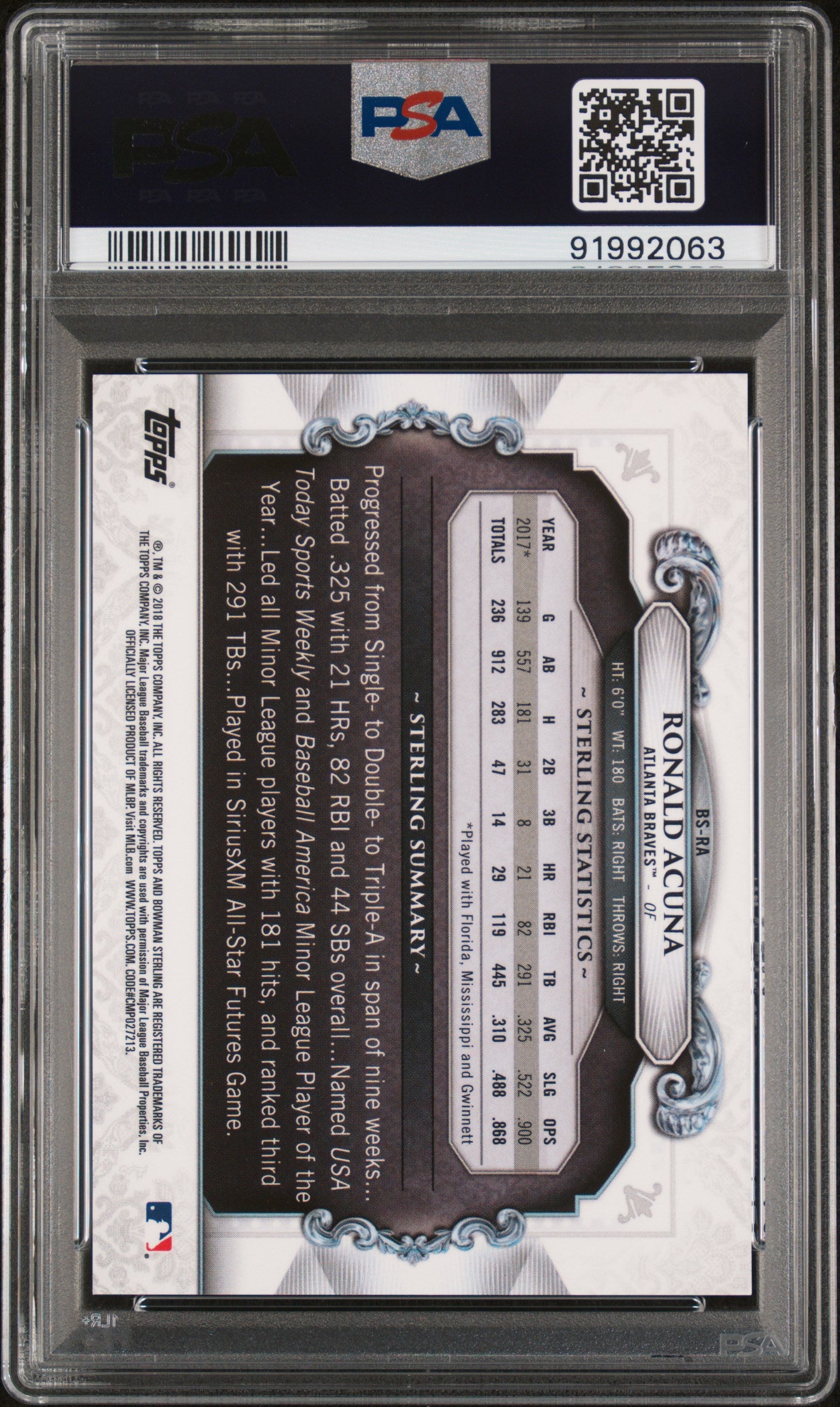 2018 Bowman Sterling Continuity Ronald Acuna #BS-RA Cont. Atomic PSA 10
