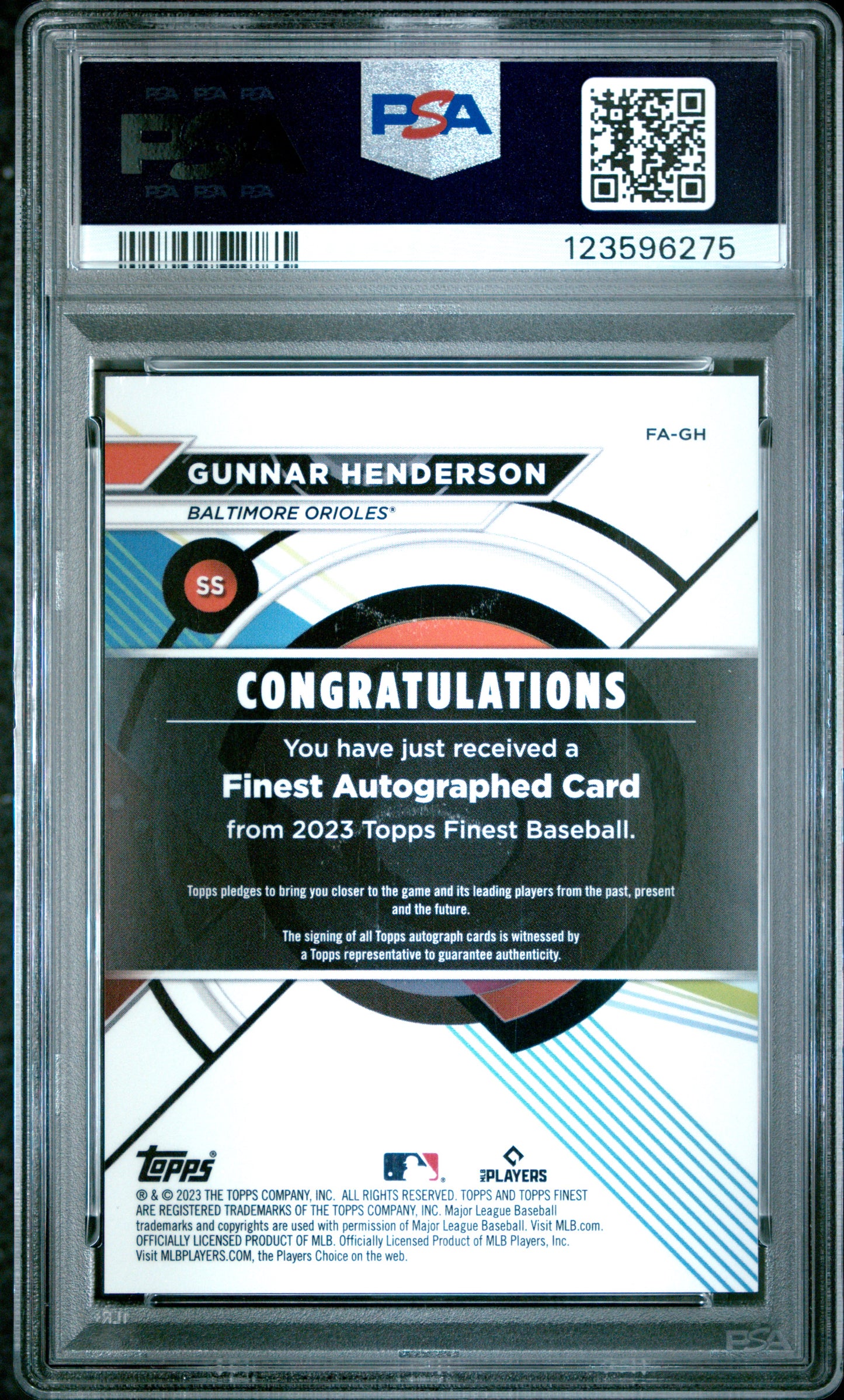 2023 Topps Finest Finest Autographs Gunnar Henderson #GH Gold /50 PSA 9