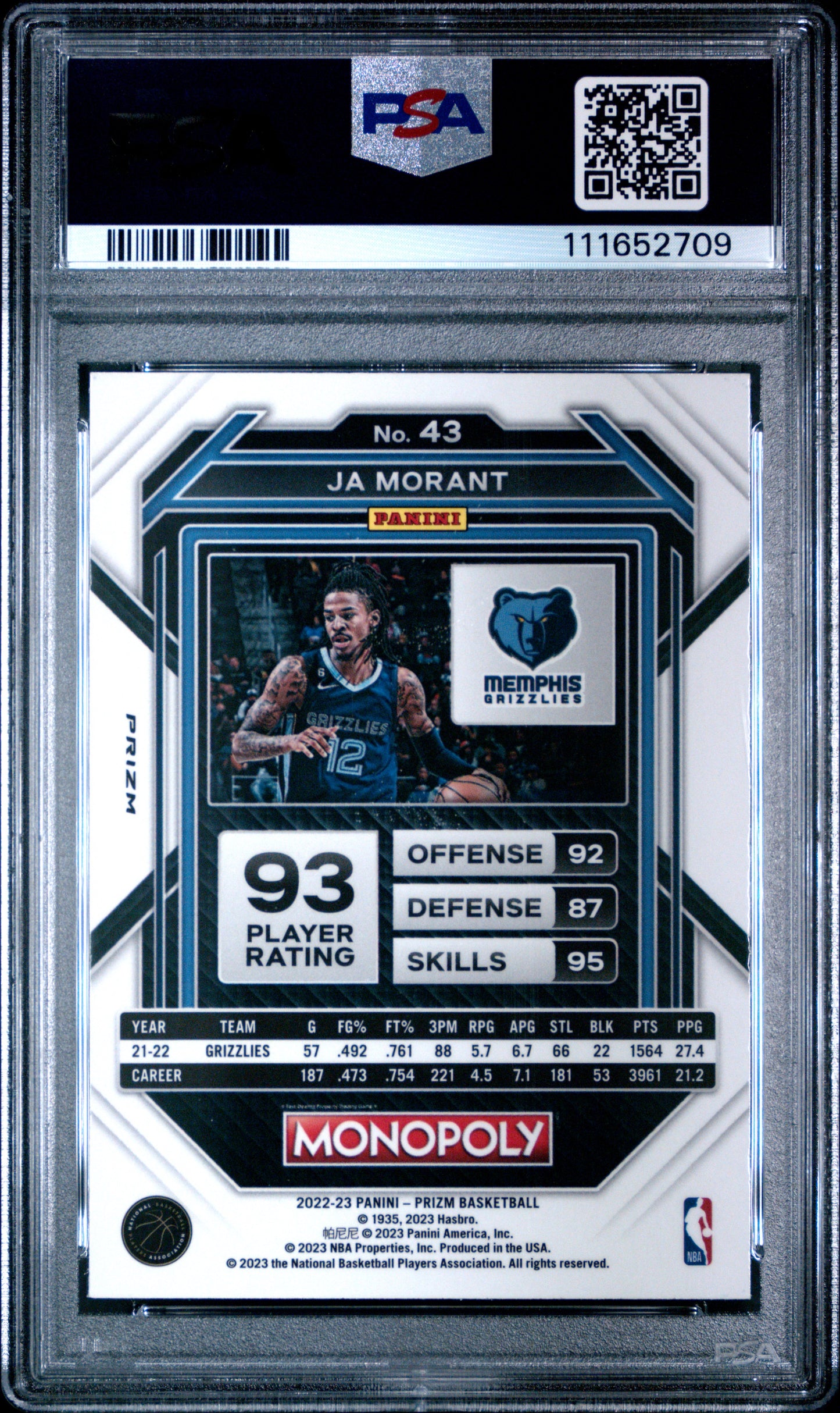 2022 Panini Prizm Monopoly Ja Morant #43 White Sparkle PSA 10