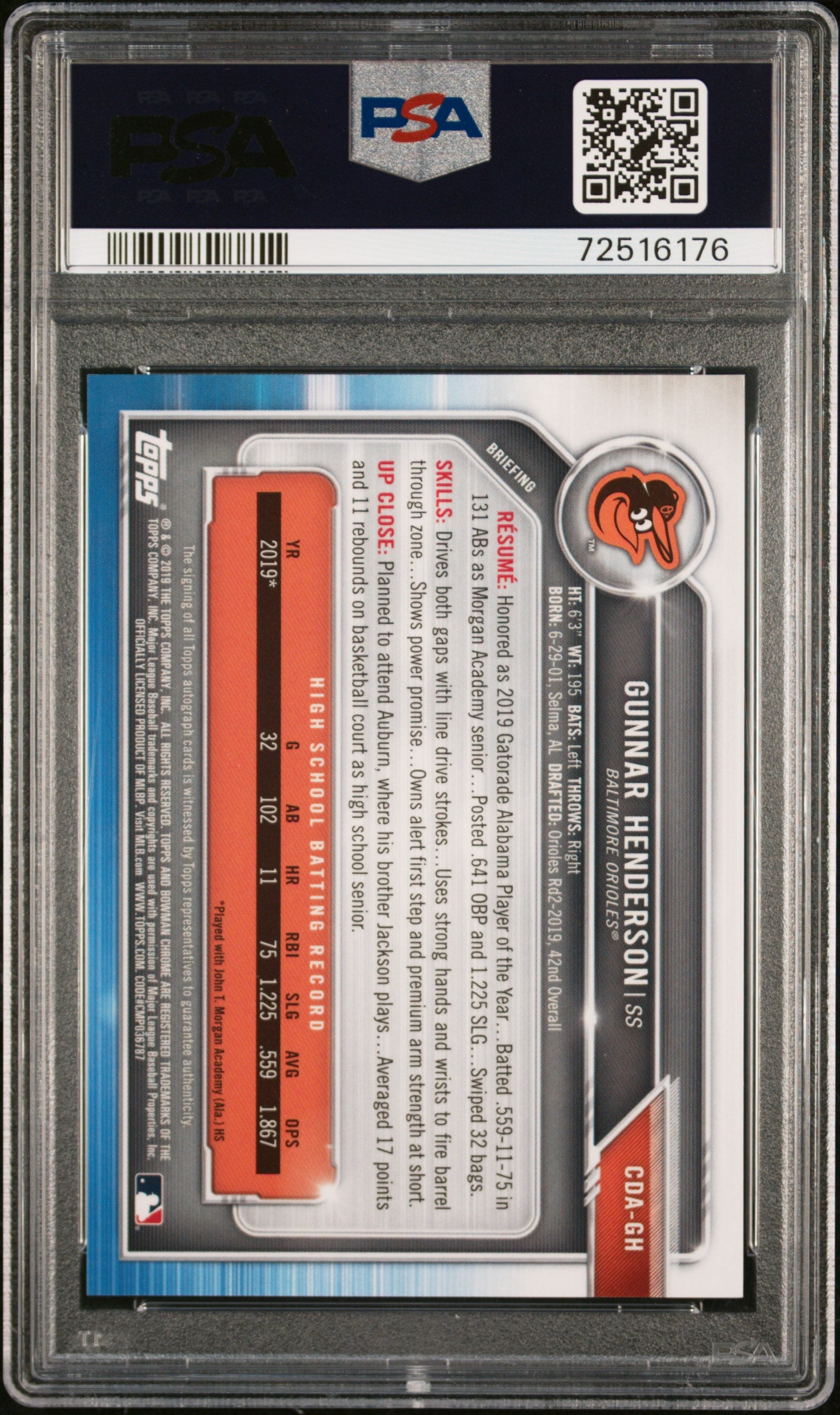 2019 Bowman Chrome Draft Picks Autograph Gunnar Henderson #CDAGH PSA 9
