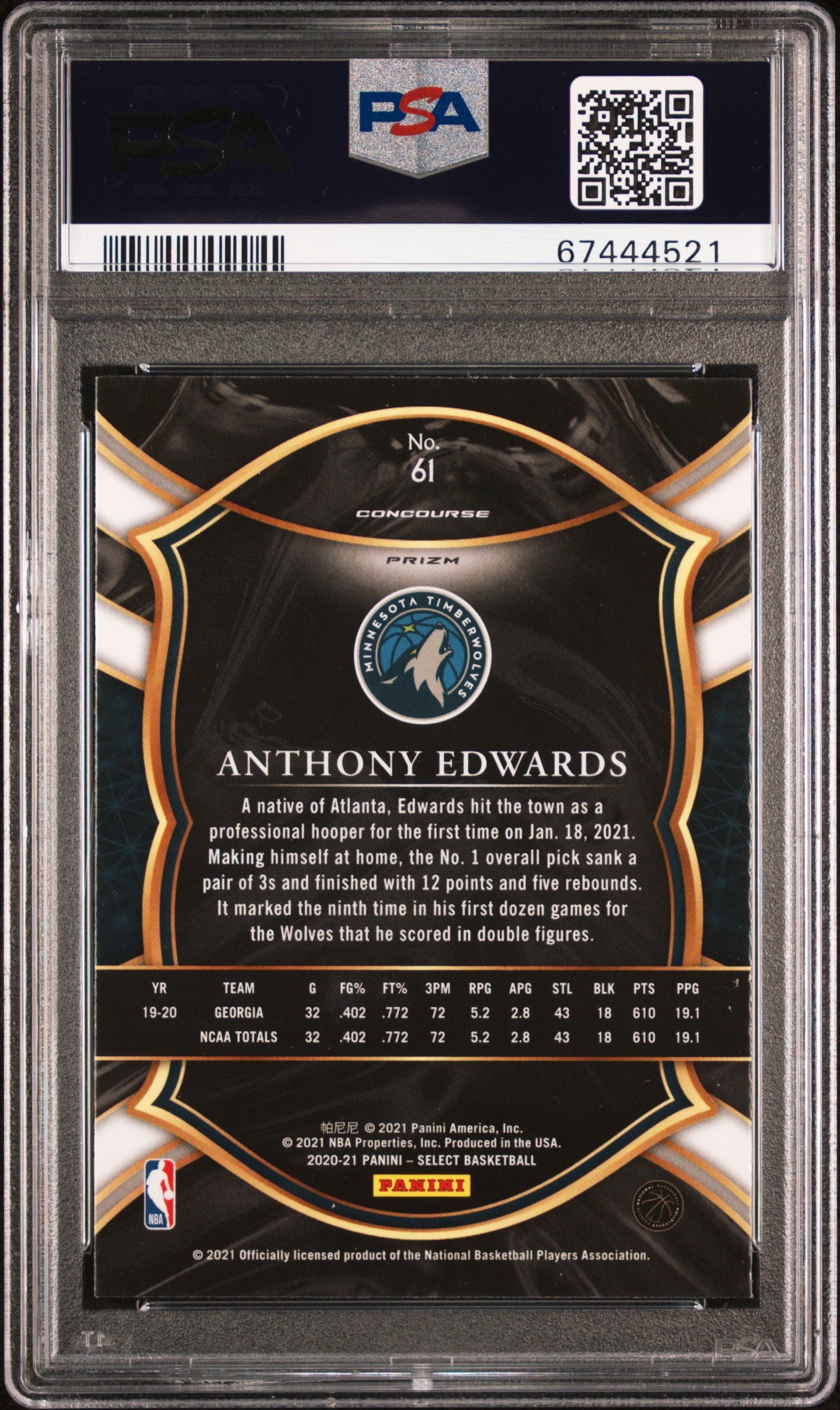 2020 Panini Select Anthony Edwards #61 Blue Prizm PSA 10