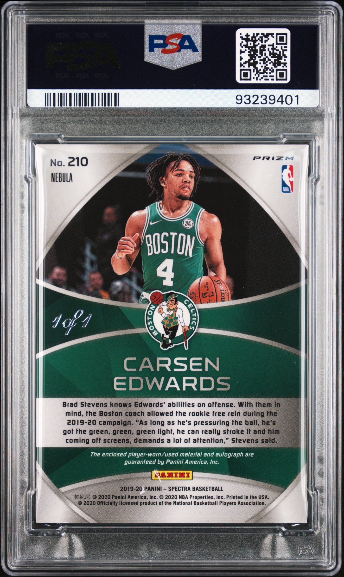 2019 Panini Spectra Carsen Edwards #210 Rookie Auto RPA Nebula Logoman PSA 9