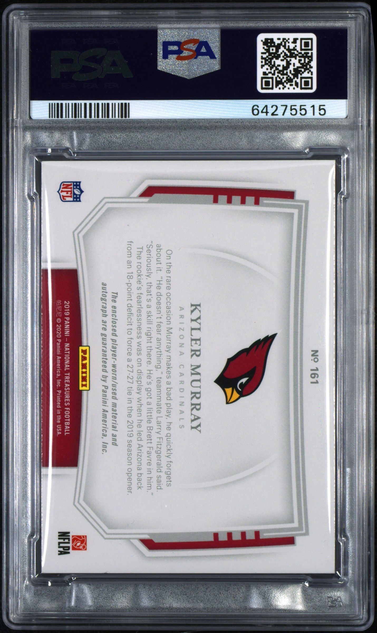 2019 Panini National Treasures Kyler Murray #161 Patch Autograph PSA 8.5