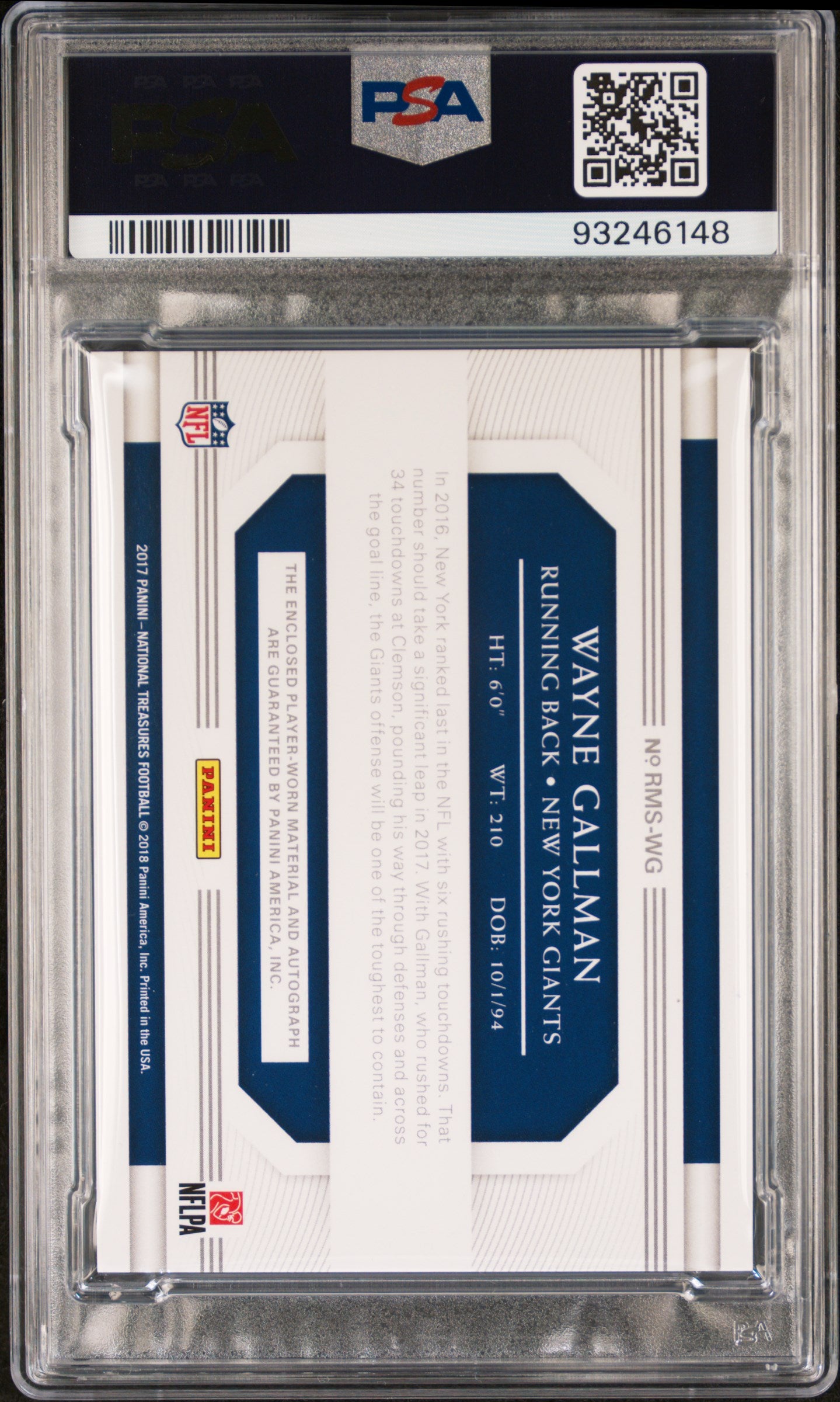 2017 National Treasures Wayne Gallman #WG Rookie Material Auto Shield PSA 9 RPA