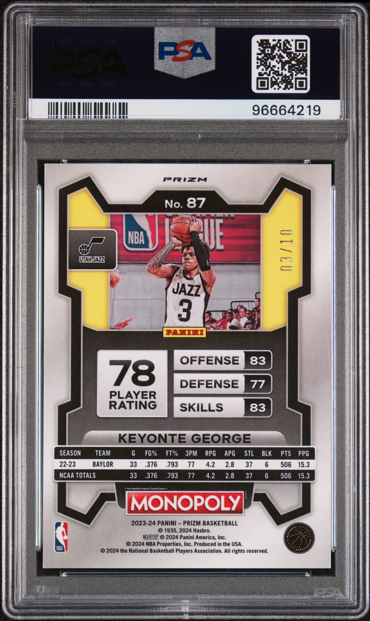 2023 Panini Prizm Monopoly Keyonte George #87 Gold Wave Millionaire PSA 9
