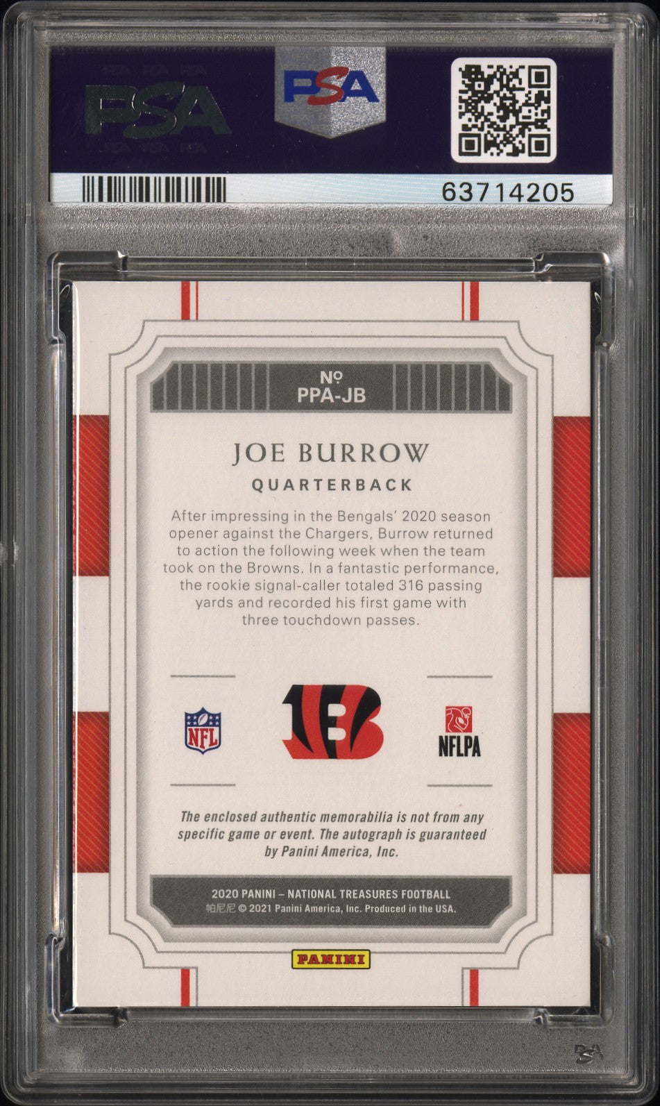 2020 National Treasures Joe Burrow Prodigy Patch Auto RPA RC Rookie Auto PSA 9