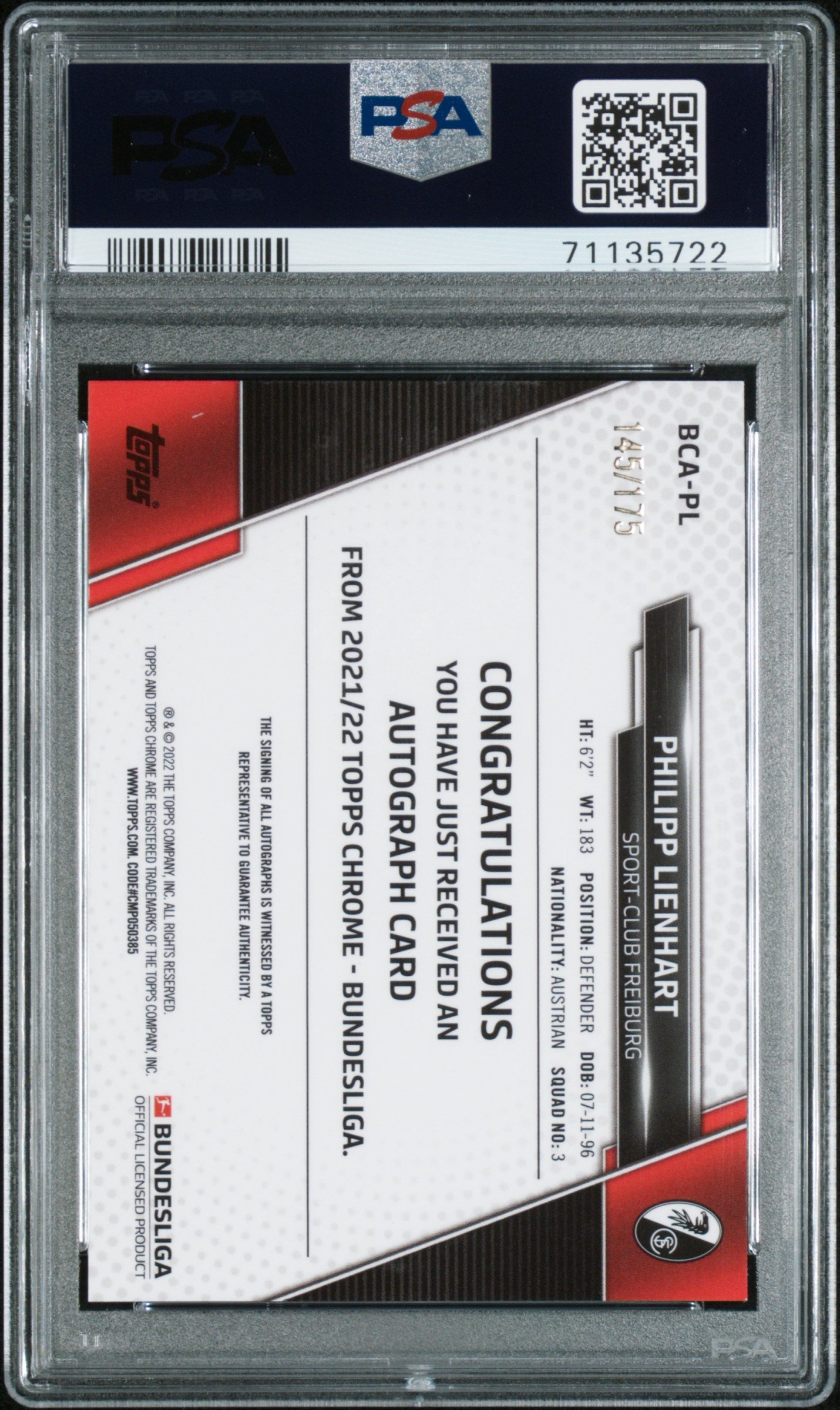 2021 Topps Chrome Bundesliga Autographs Philipp Lienhart Prism Refractor PSA 9