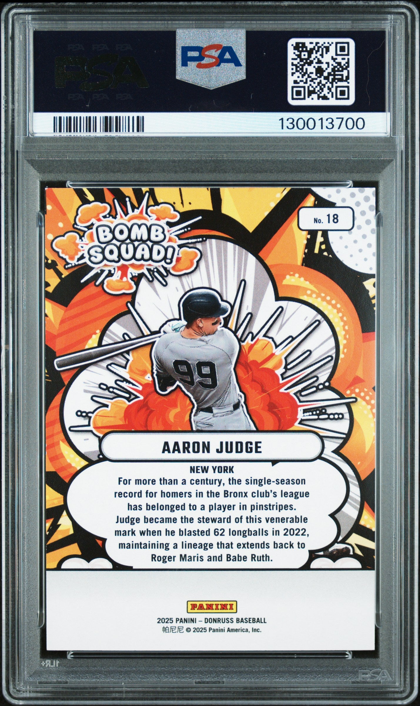 2025 Panini Donruss Bomb Squad Aaron Judge #18 GRN Xplosion /25 PSA 9
