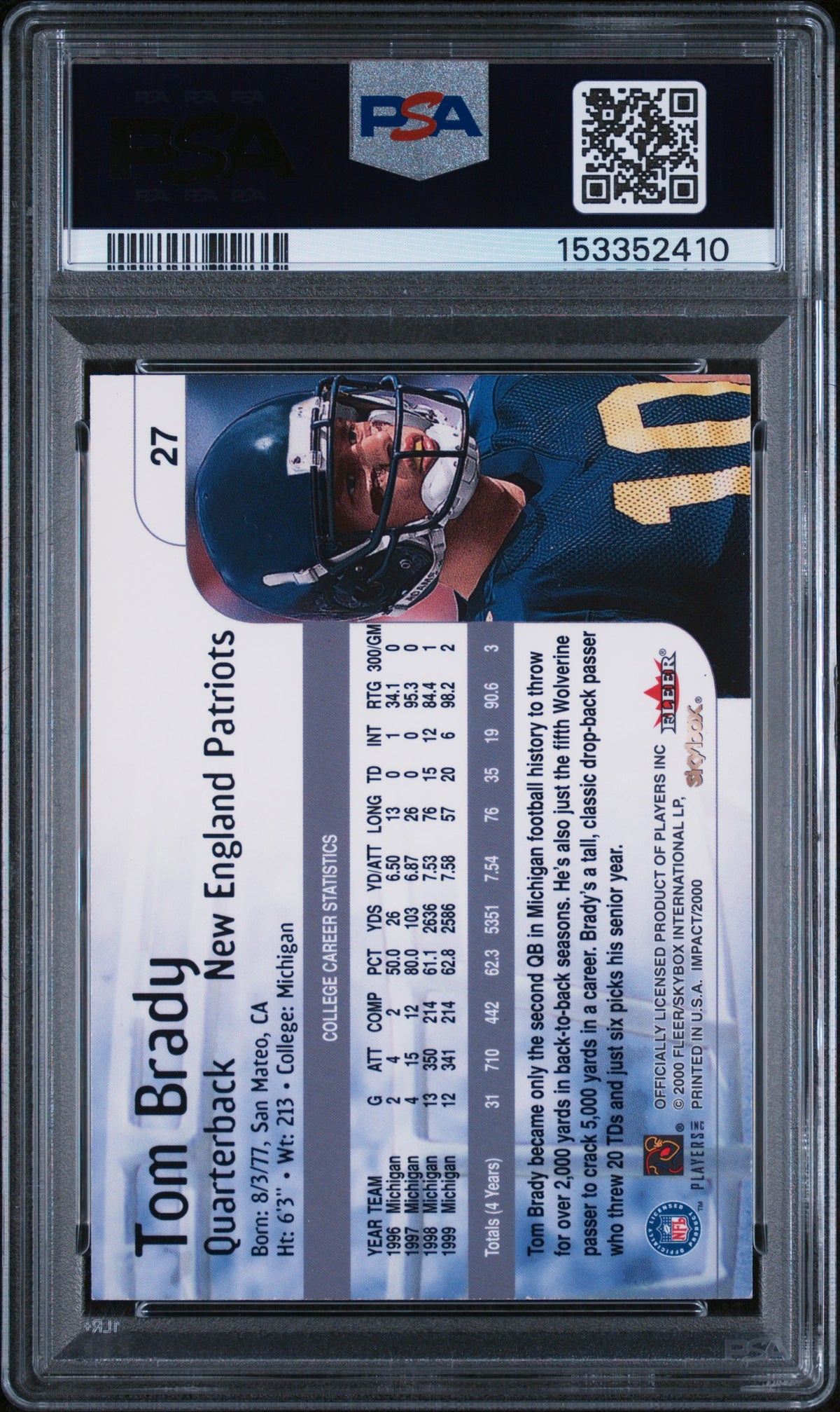 2000 SkyBox Impact Football Tom Brady #27 English PSA 8