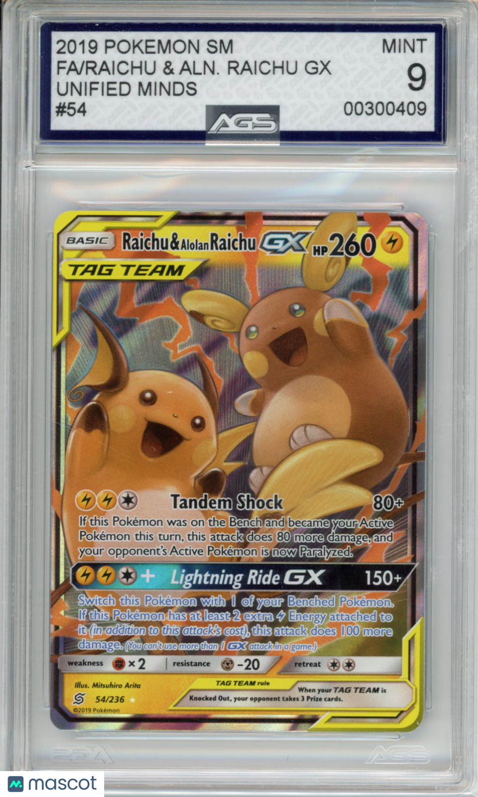 2019 Pokemon Unified Minds Raichu & Alolan Raichu GX #054 Unlimited AGS 9
