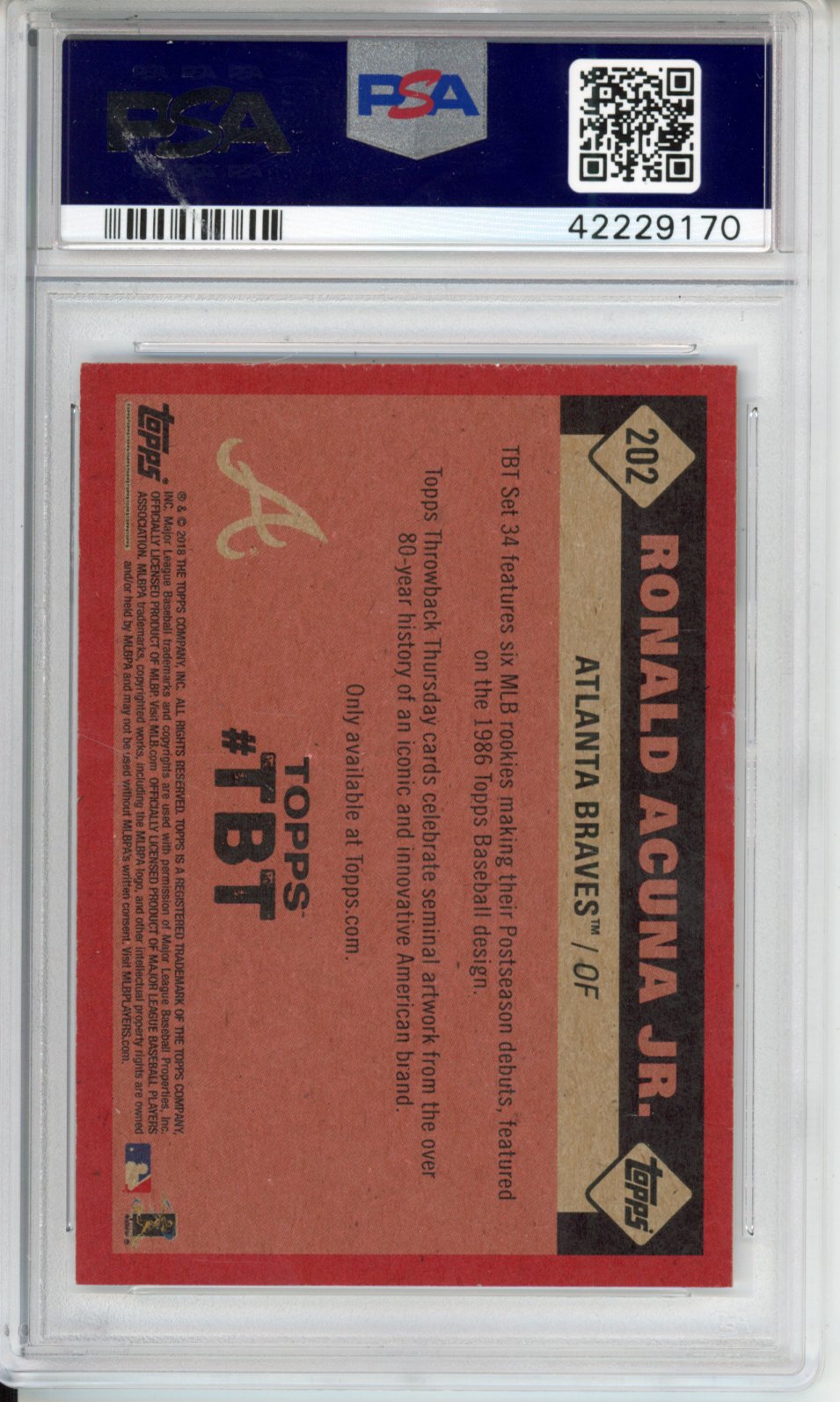 2018 Topps Throwback Thursday Ronald Acuna JR. #202 RC PSA 10