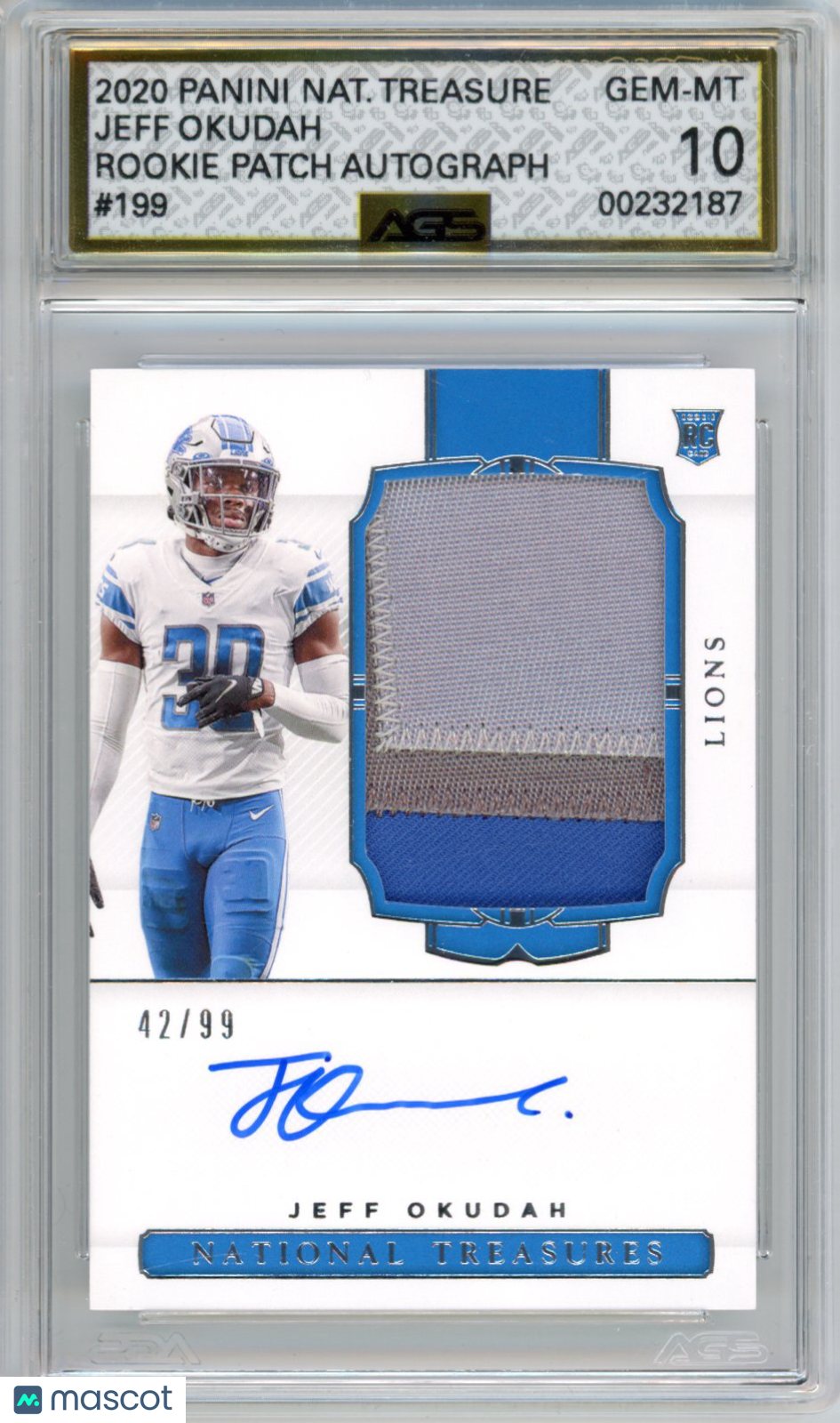 2021 Panini National Treasures Jeff Okudah #199 Rookie Patch Autograph AGS 10
