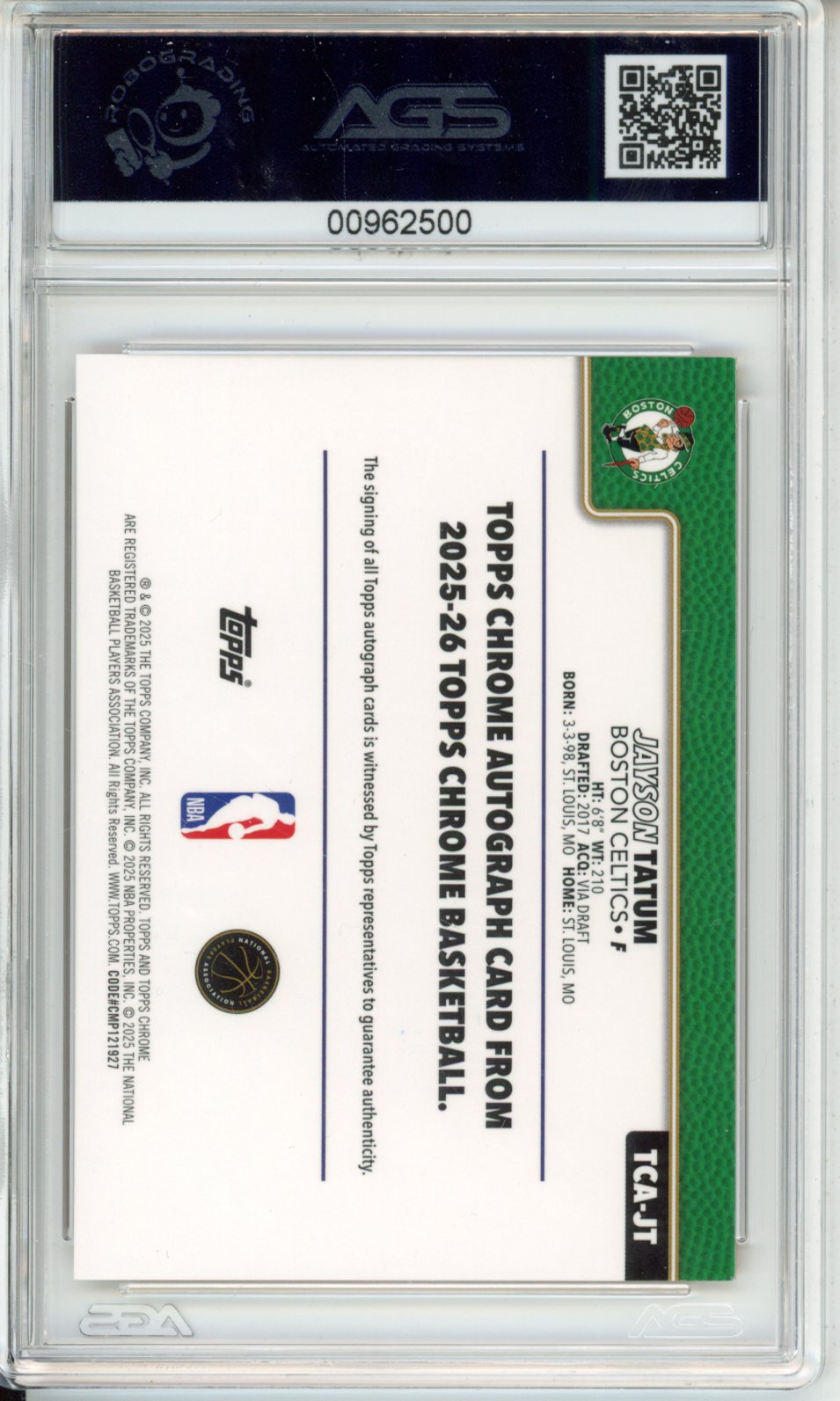 2025 Topps CHROME JAYSON TATUM #TCA-JT AUTOGRAPHS - REFRACTORS GEOMETRIC GOLD English AGS 9
