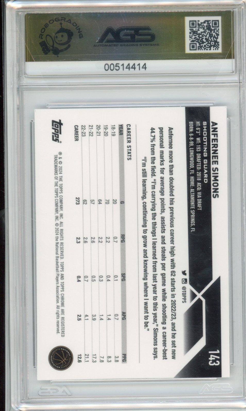 2023-24 TOPPS CHROME BASKETBALL ANFERNEE SIMONS #143 NEGATIVE REFRACTORS AGS 9.5