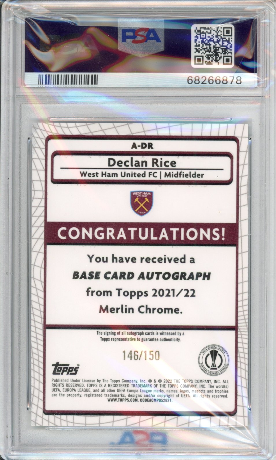 2021-2022 Topps Merlin Chrome UEFA Auto Declan Rice #DR Speckle Refractor PSA 10