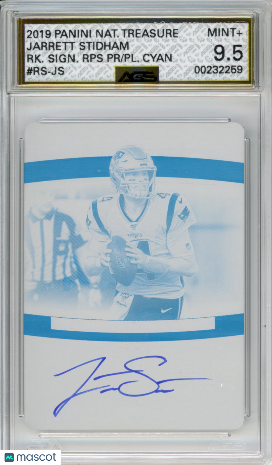 2020 Panini National Treasures Jarrett Stidham #RS-JS Rookie Auto RPS Printing Plate Cyan AGS 9.5