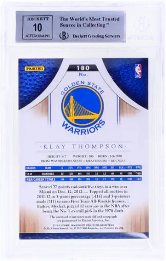 Panini Immaculate Collection Klay Thompson #180 Patch Auto BGS 9 Auto 10