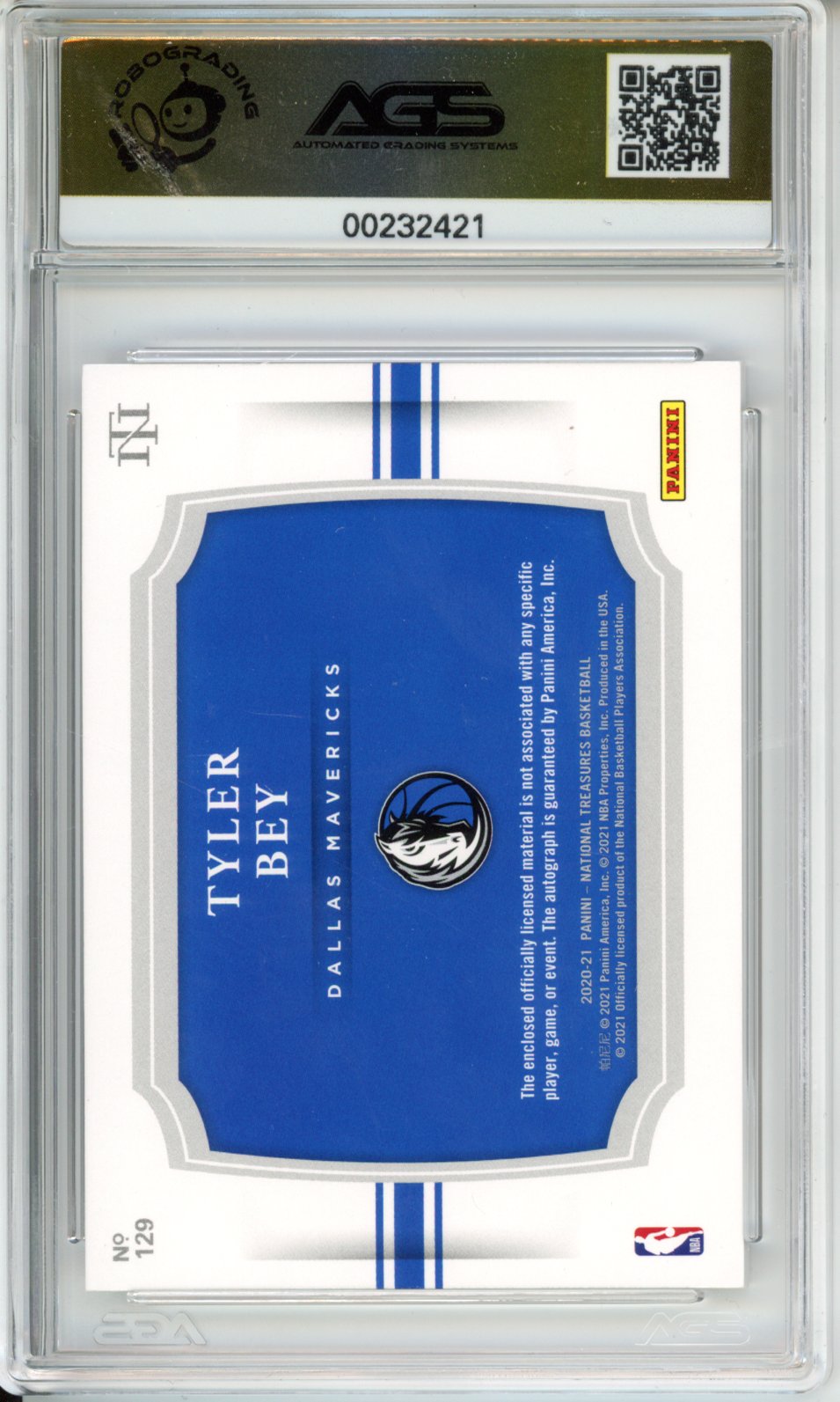 2020-21 Panini National Treasures Tyler Bey #129b Rookie Patch Auto /49 AGS 10
