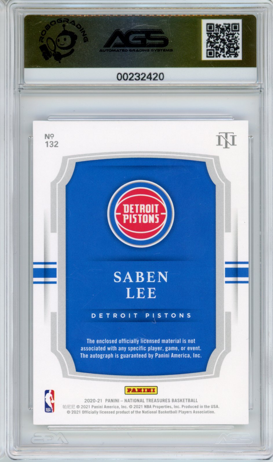 2020 Panini National Treasures Saben Lee #132 Rookie Patch Auto /99 AGS 10