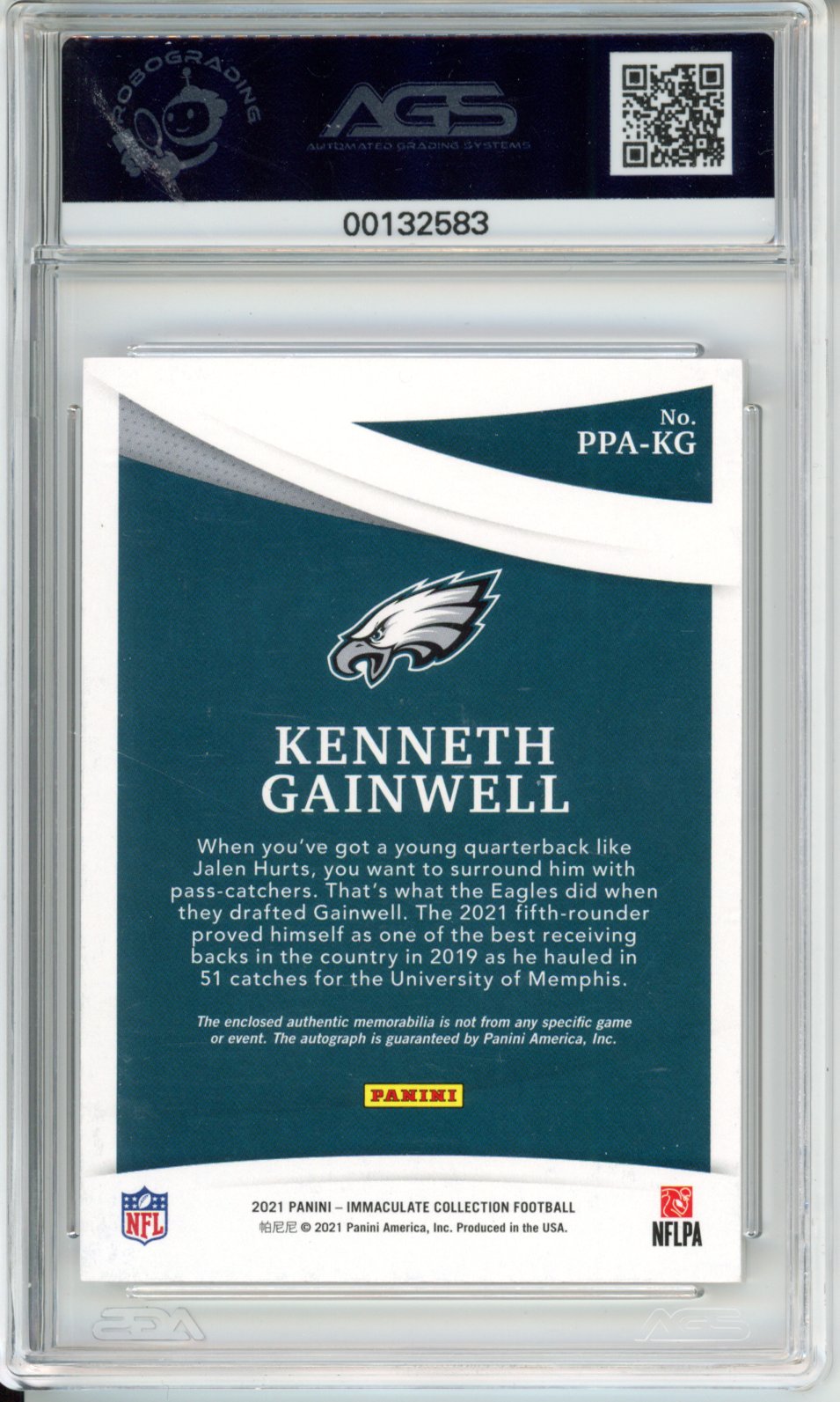 2021 Panini Immaculate Kenneth Gainwell #PPA-KG RPA Shield 1/1 AGS 9