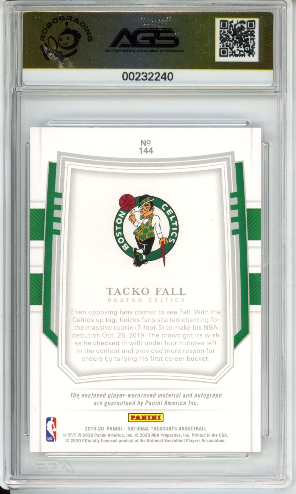 2019-20 Panini National Treasures Tacko Fall #144 RPA RC /99 AGS 10