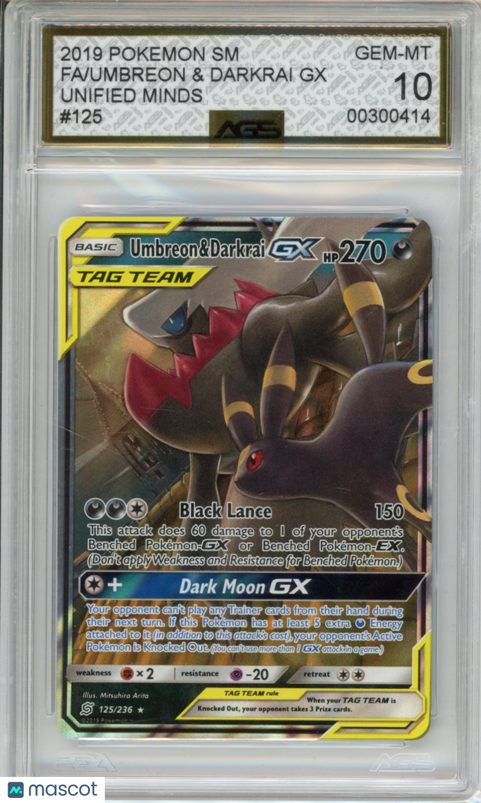 2019 Pokemon Unified Minds Umbreon & Darkrai GX #125 AGS 10