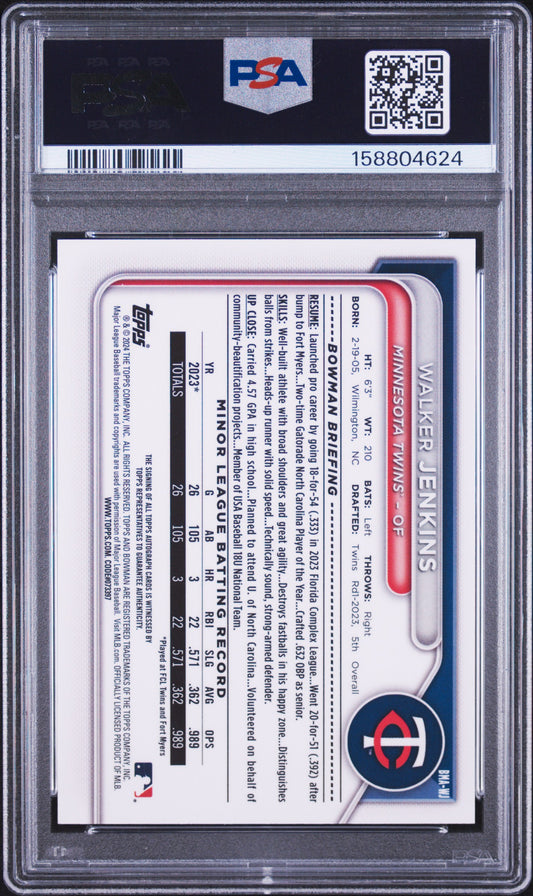 2024 Bowman Mega Box Chrome Bowman Prospect Mega Autographs Walker Jenkins Blue Refractor WJ English PSA 10