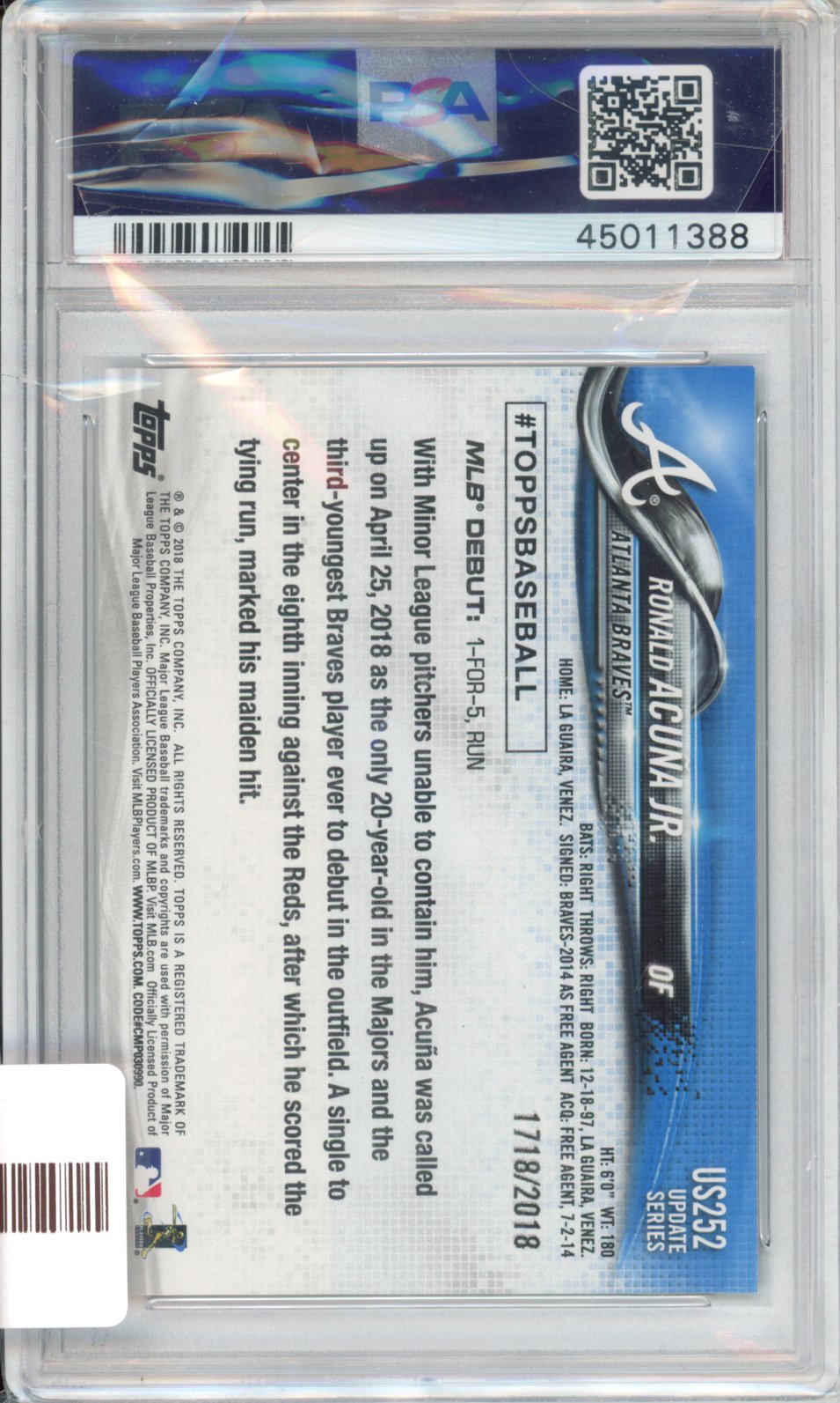 2018 Topps Update Ronald Acuna JR. #US252 Gold PSA 10