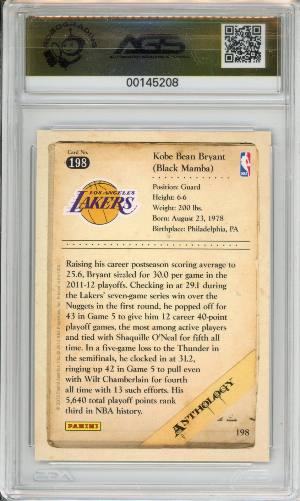 Basketball 2012-13 Panini Kobe Anthology Kobe Bryant #198 AGS 9.5