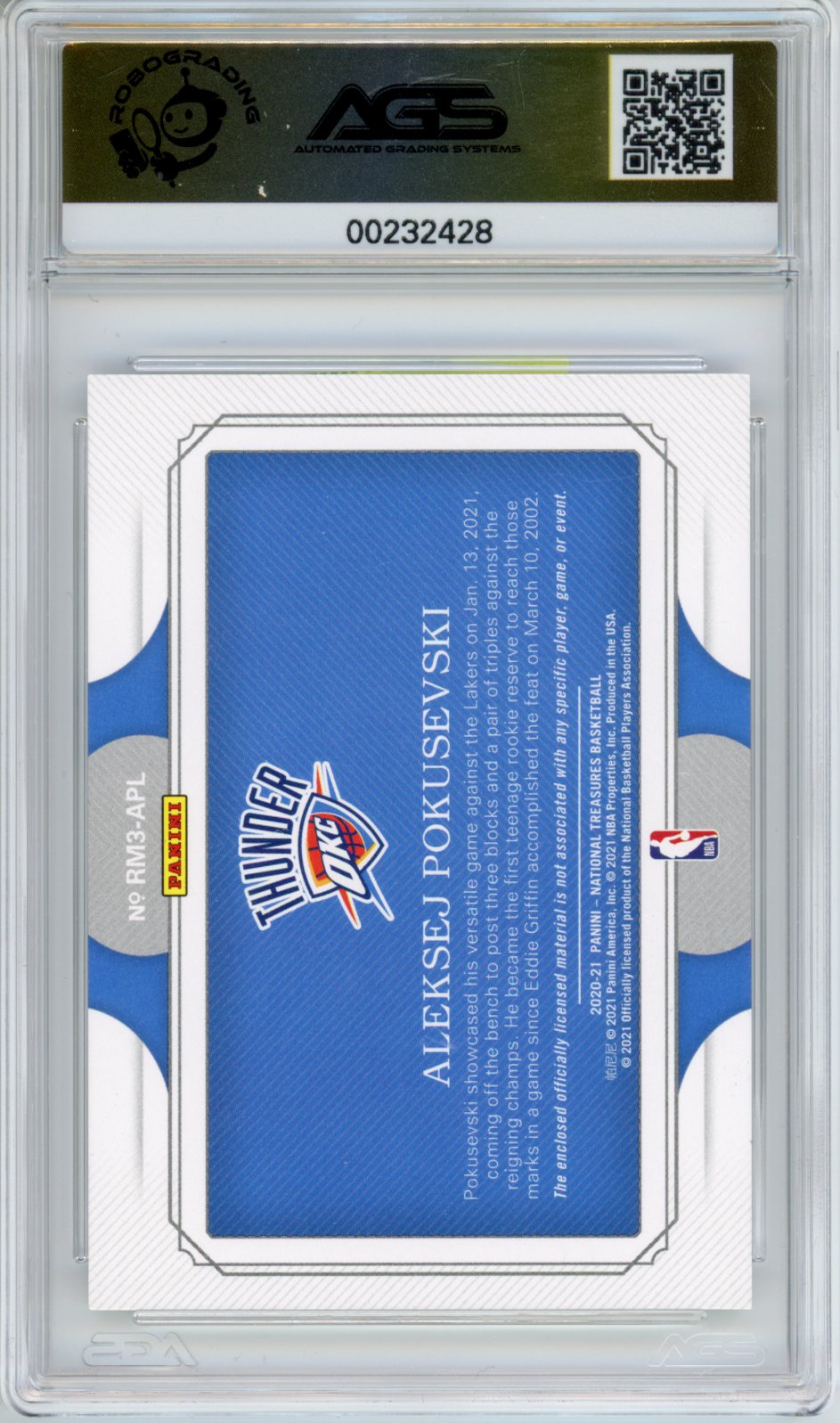 2020-21 National Treasures ALEKSEJ POKUSEVSKI #RM3-APL TRIPLE MATERIALS /25 AGS 10