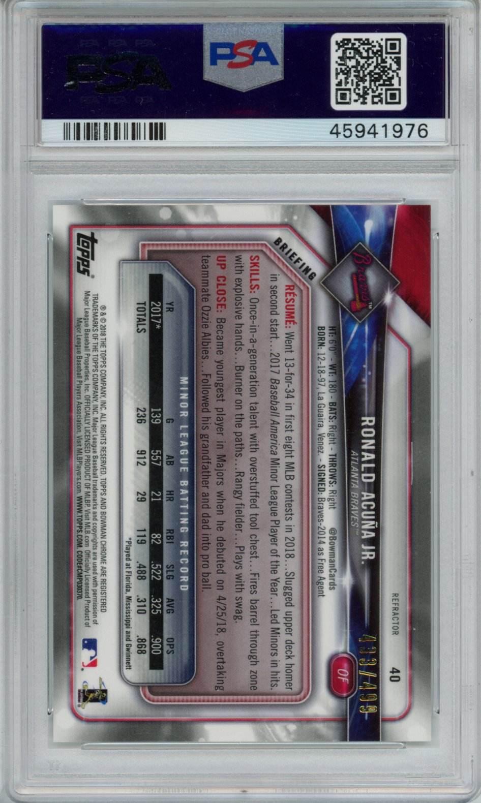 2018 Bowman Chrome Ronald Acuna JR. #40 Refractor PSA 10