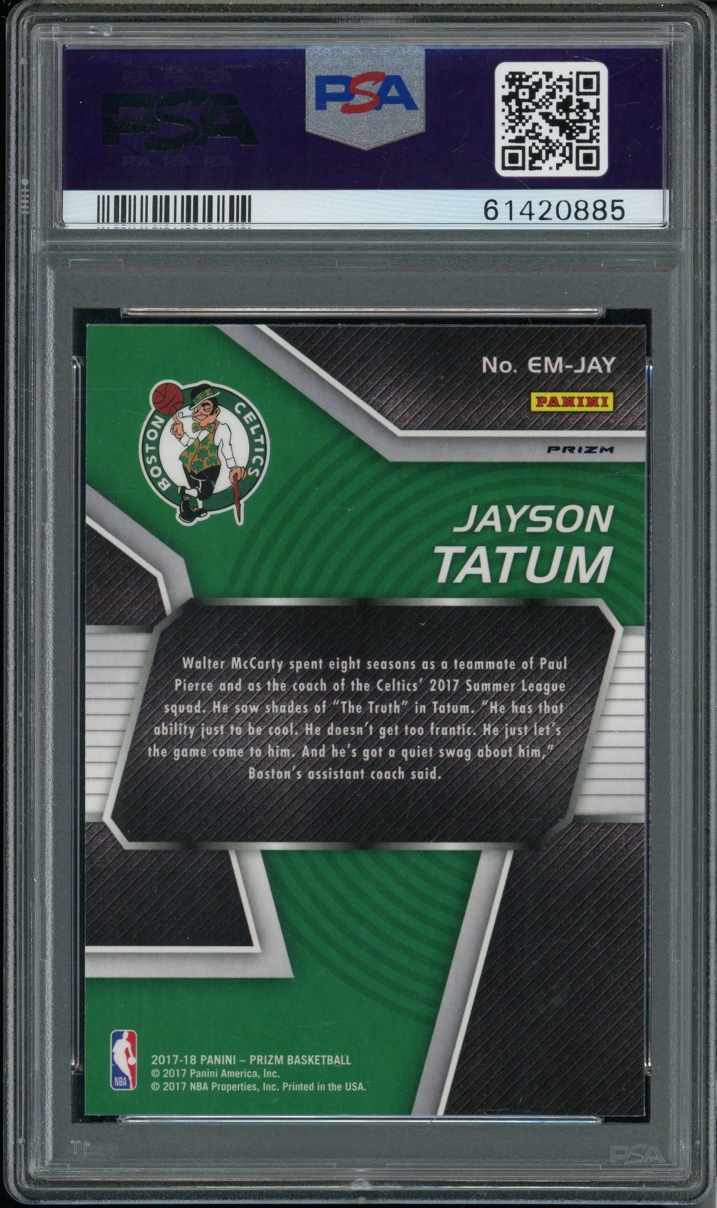 2017 Panini Prizm Jayson Tatum #EMJAY Emergent Green PSA 10