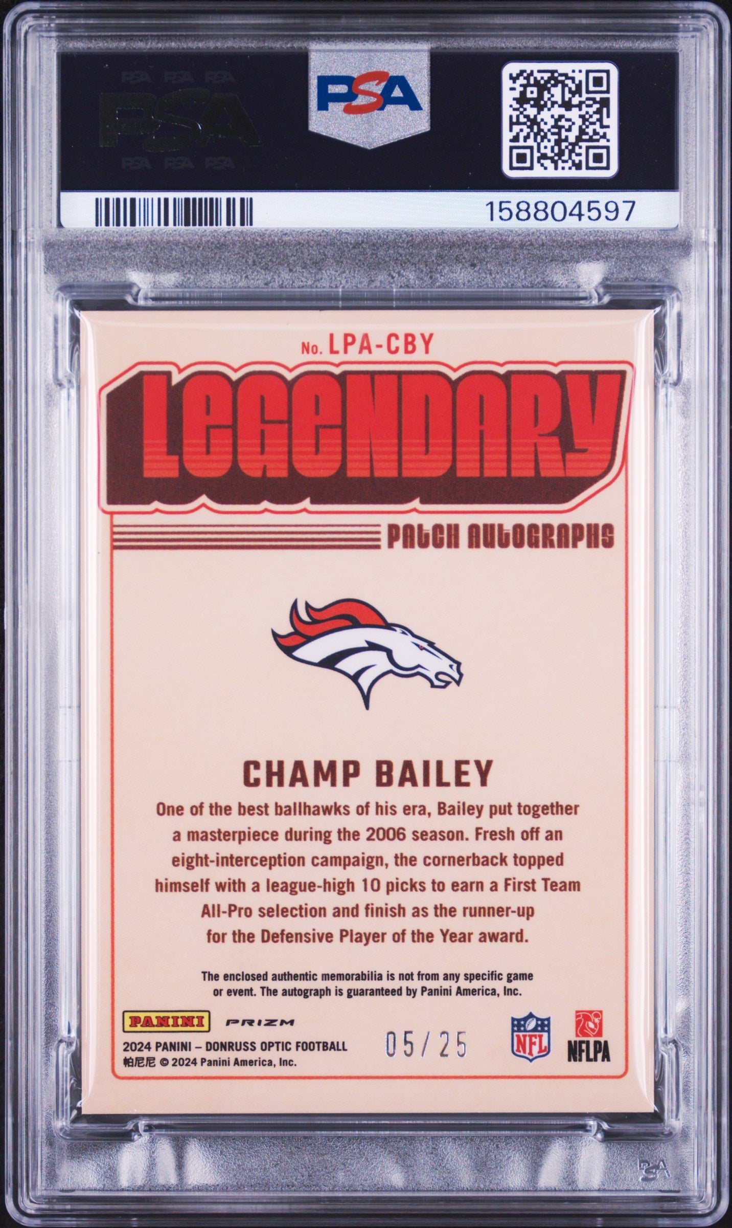 2024 unknown Panini Donruss Optic Legendary Patch Autographs Champ Bailey LPACBY English PSA 8