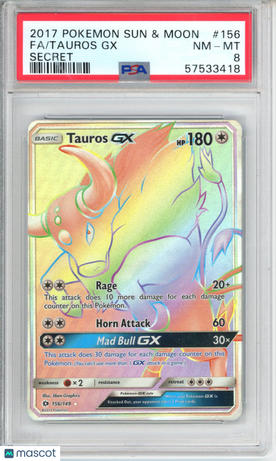 2017 Pokemon Sun & Moon Tauros GX #156 Secret PSA 8