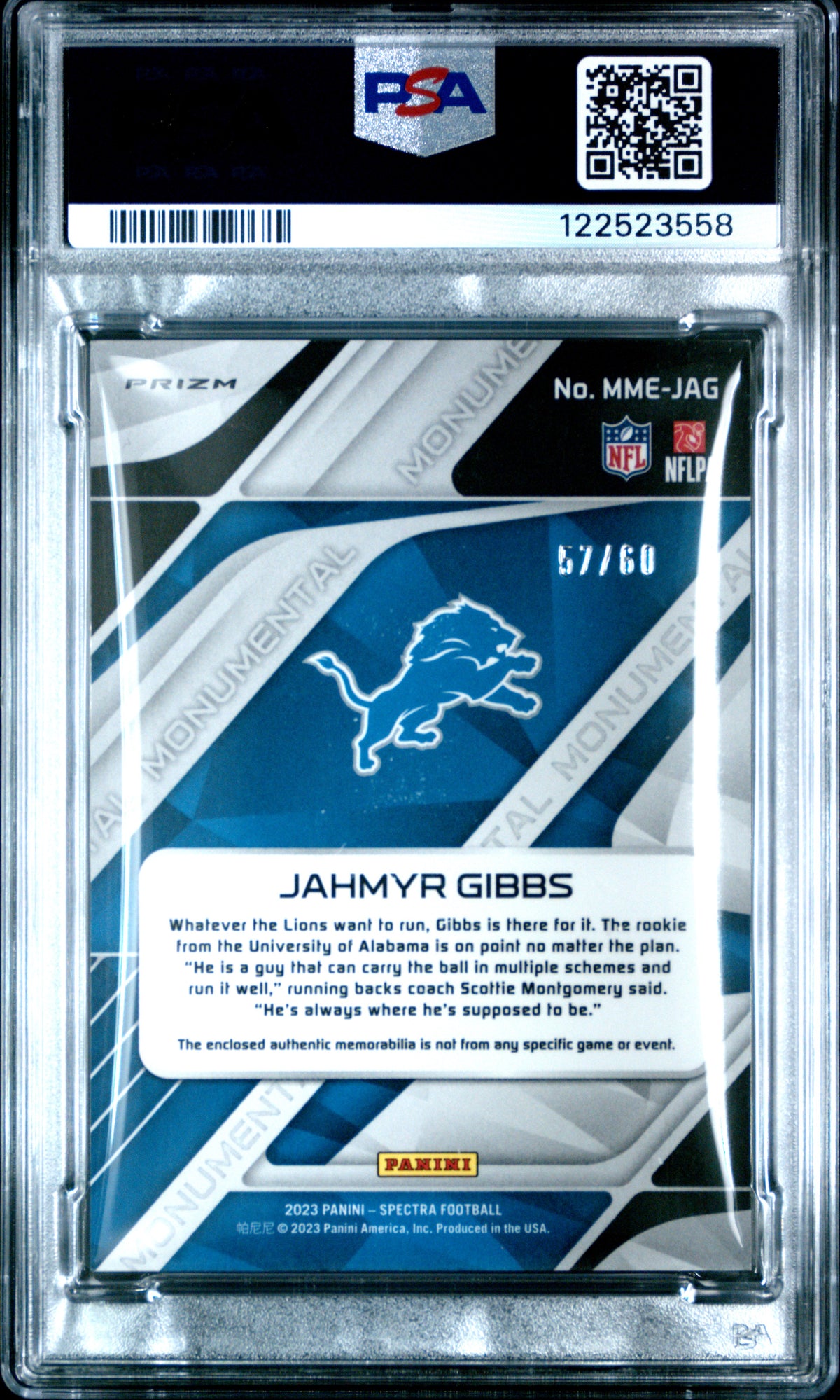 2023 Panini SPECTRA MONUMENTAL MEMORABILIA JAHMYR GIBBS #MMEJAG MONUMENTAL MEM-HYPER English PSA 9