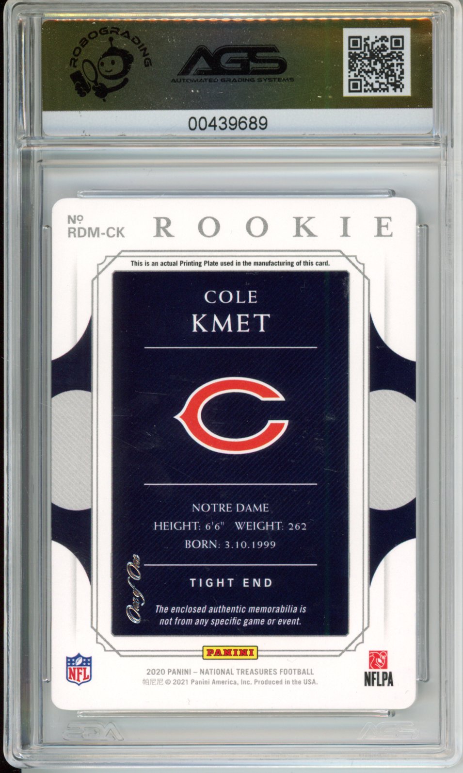 2020 Panini National Treasures Cole Kmet #RDM-CK 1/1 Printing Plate AGS 9.5