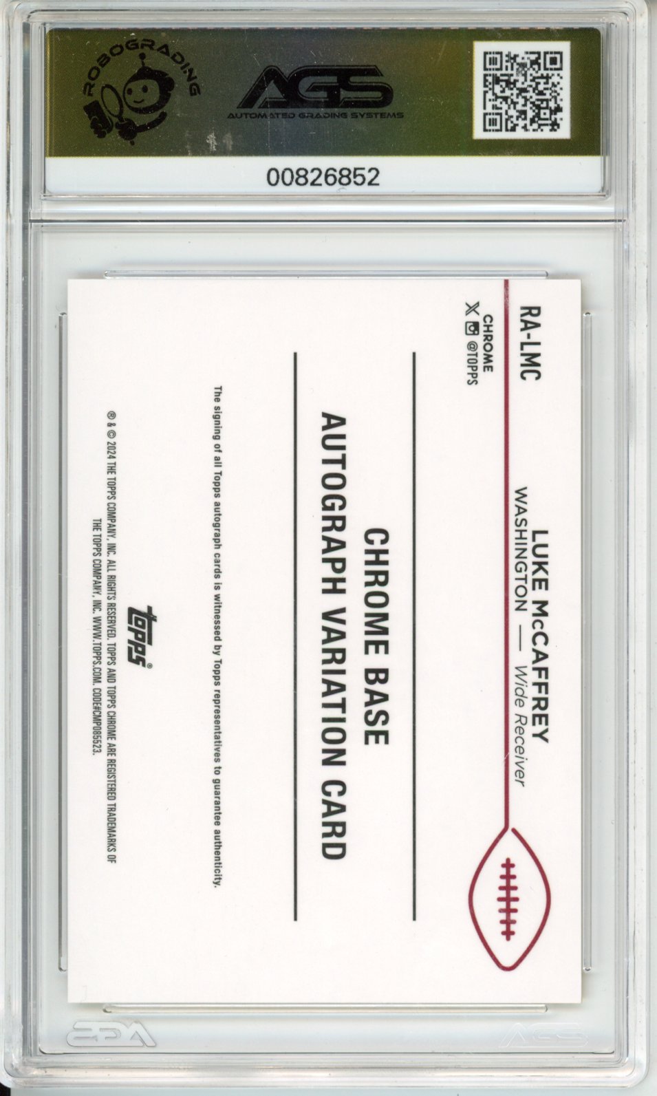 Football 2024 TOPPS CHROME LUKE MCCAFFREY #RA-LMC Rookie Autograph AGS 10