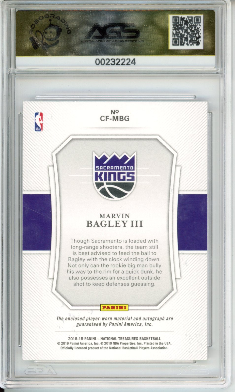 2019 Panini National Treasures Marvin Bagley III #CF-MBG Clutch Factor /25 AGS 10