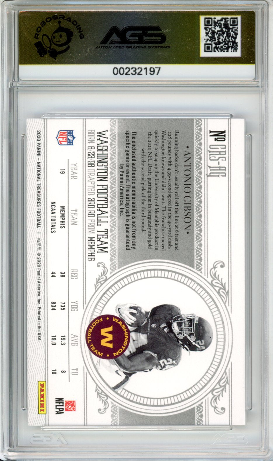 2020 Panini National Treasures Antonio Gibson #CRS-AG /99 RPA AGS 9.5