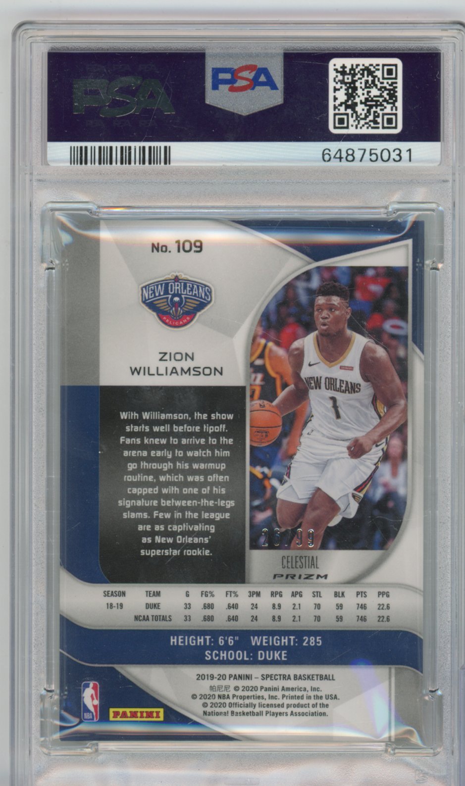 2019 Panini Spectra Basketball Zion Williamson #109 Celestial English PSA 8