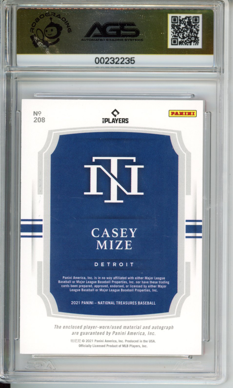 2021 Baseball National Treasures RC Casey Mize #208 Stars & Stripes /25 AGS 10